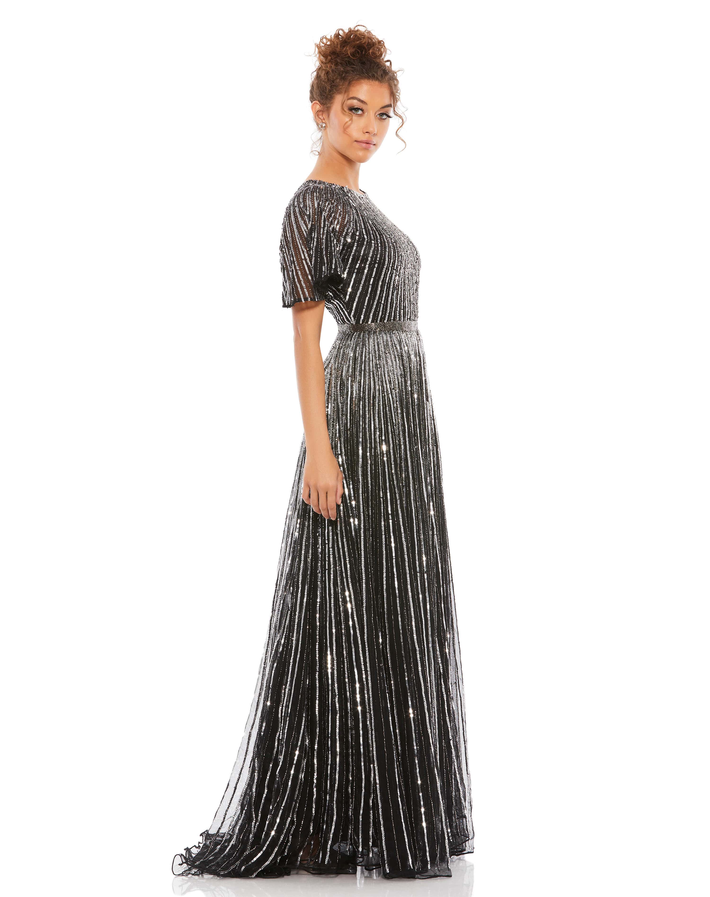 Short Sleeve Ombre Sequined Evening Gown