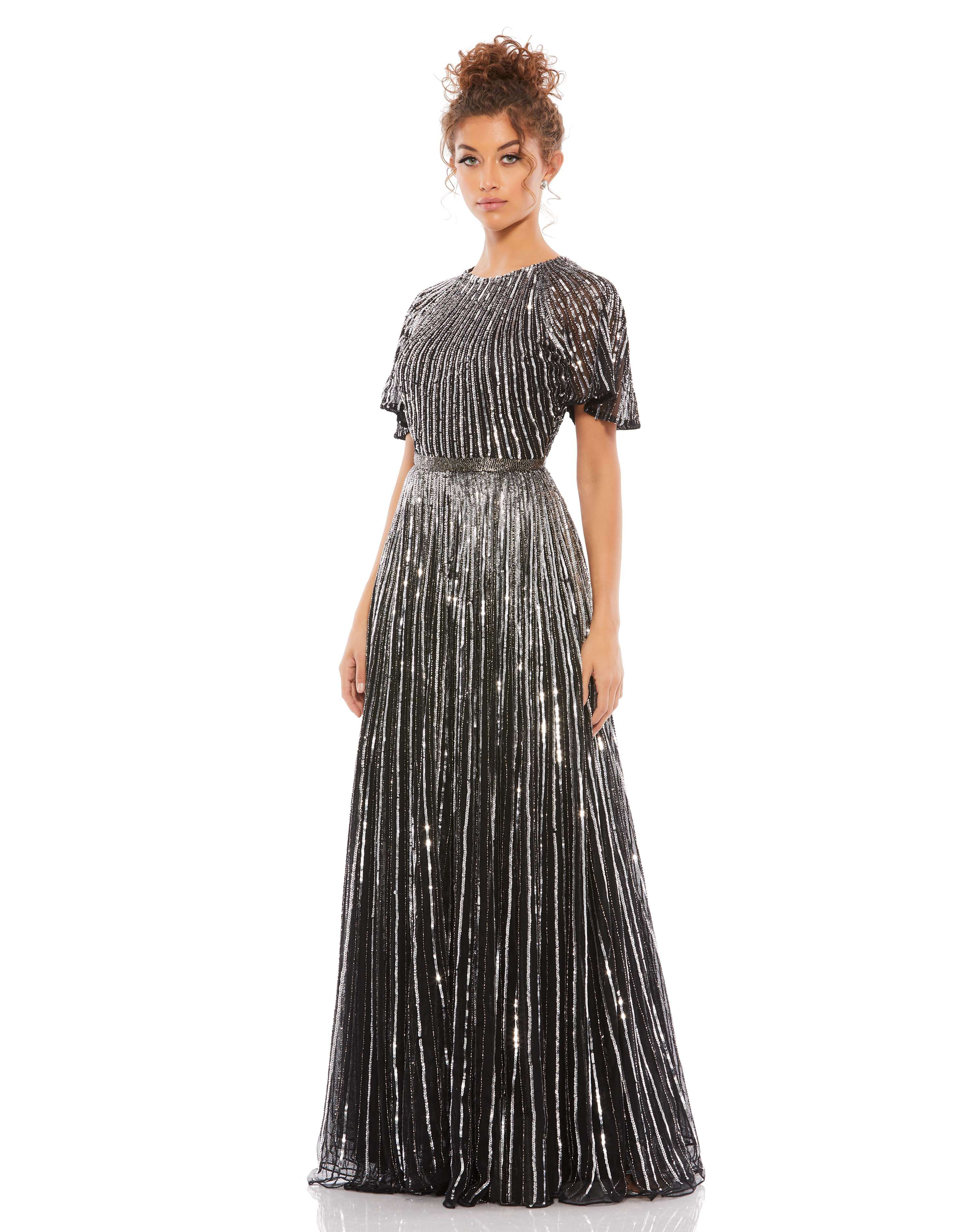 Short Sleeve Ombre Sequined Evening Gown