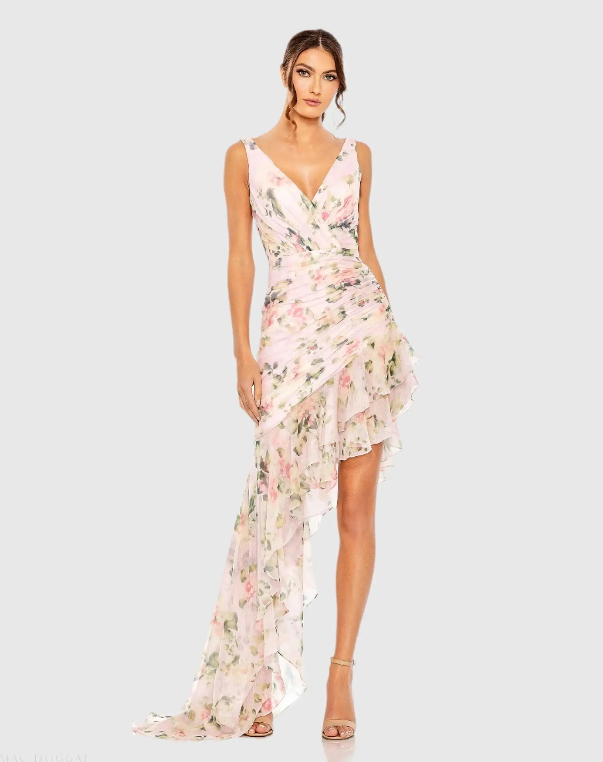 Pink Floral Print Asymmetrical Ruffle Hem Dress - Ieena for Mac Duggal