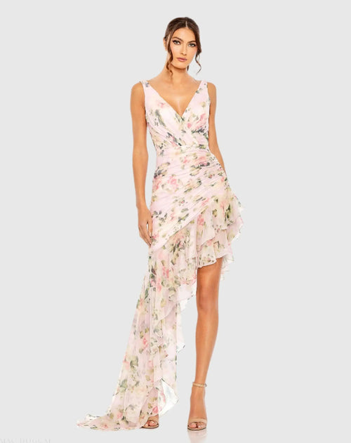Pink Floral Print Asymmetrical Ruffle Hem Dress - Ieena for Mac Duggal