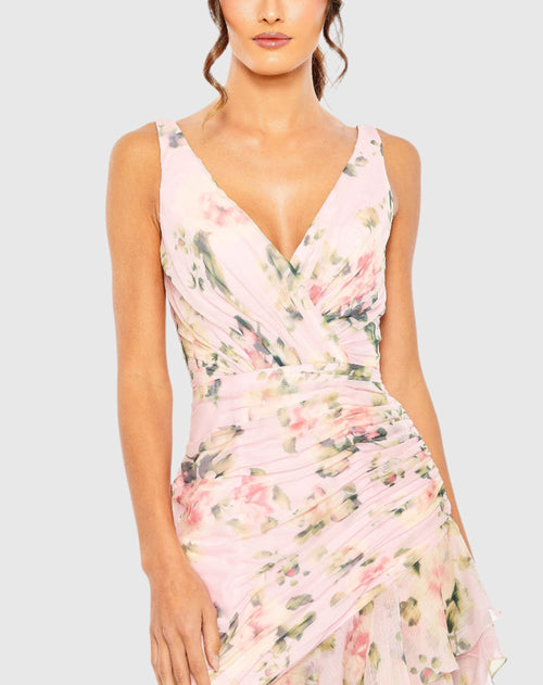 Light Pink Floral Print Asymmetrical Ruffle Hem Dress