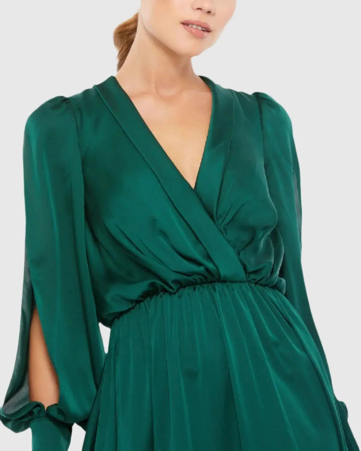 Green Bishop Sleeve Faux Wrap Gown - Ieena for Mac Duggal