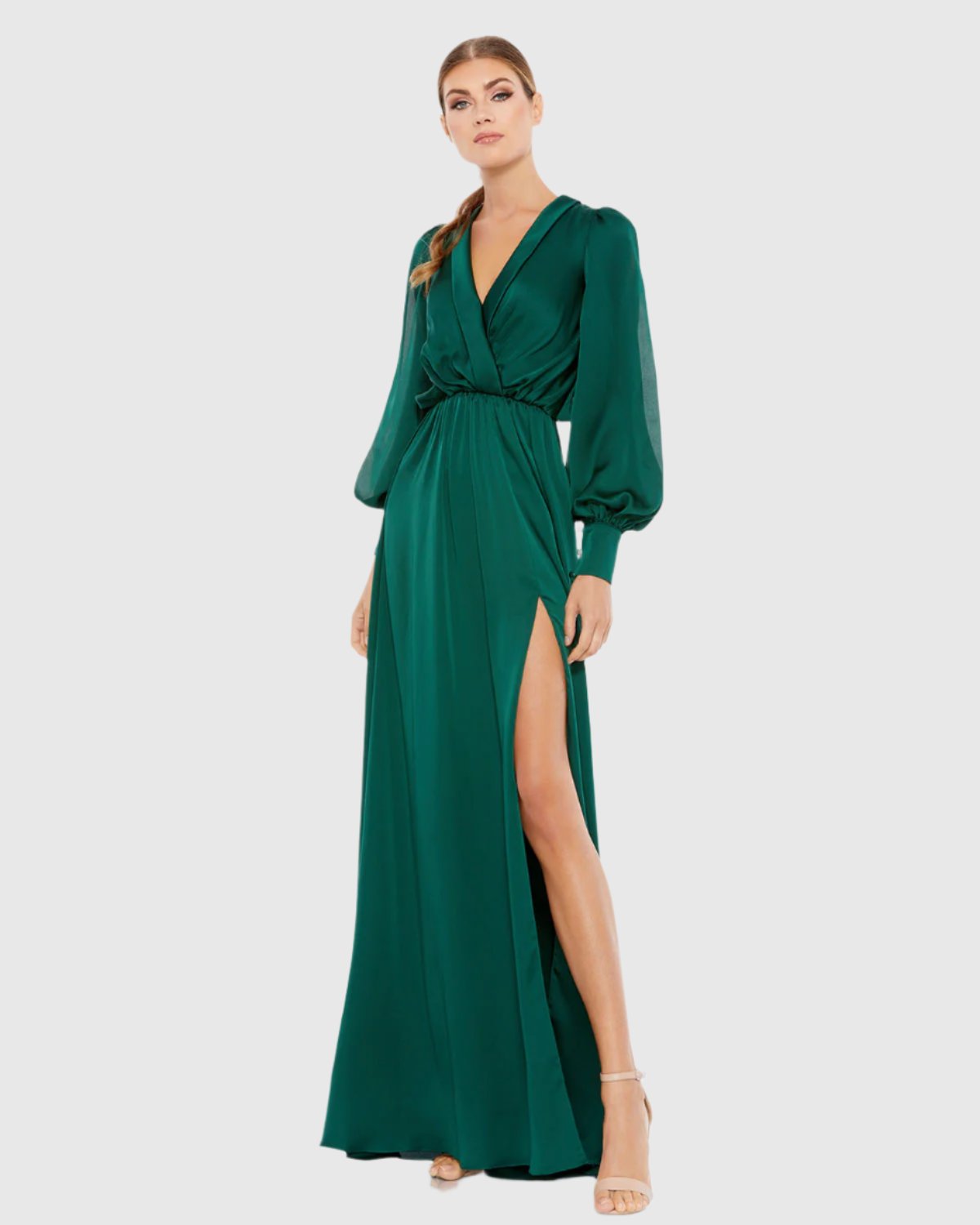 Bishop Sleeve Faux Wrap Gown