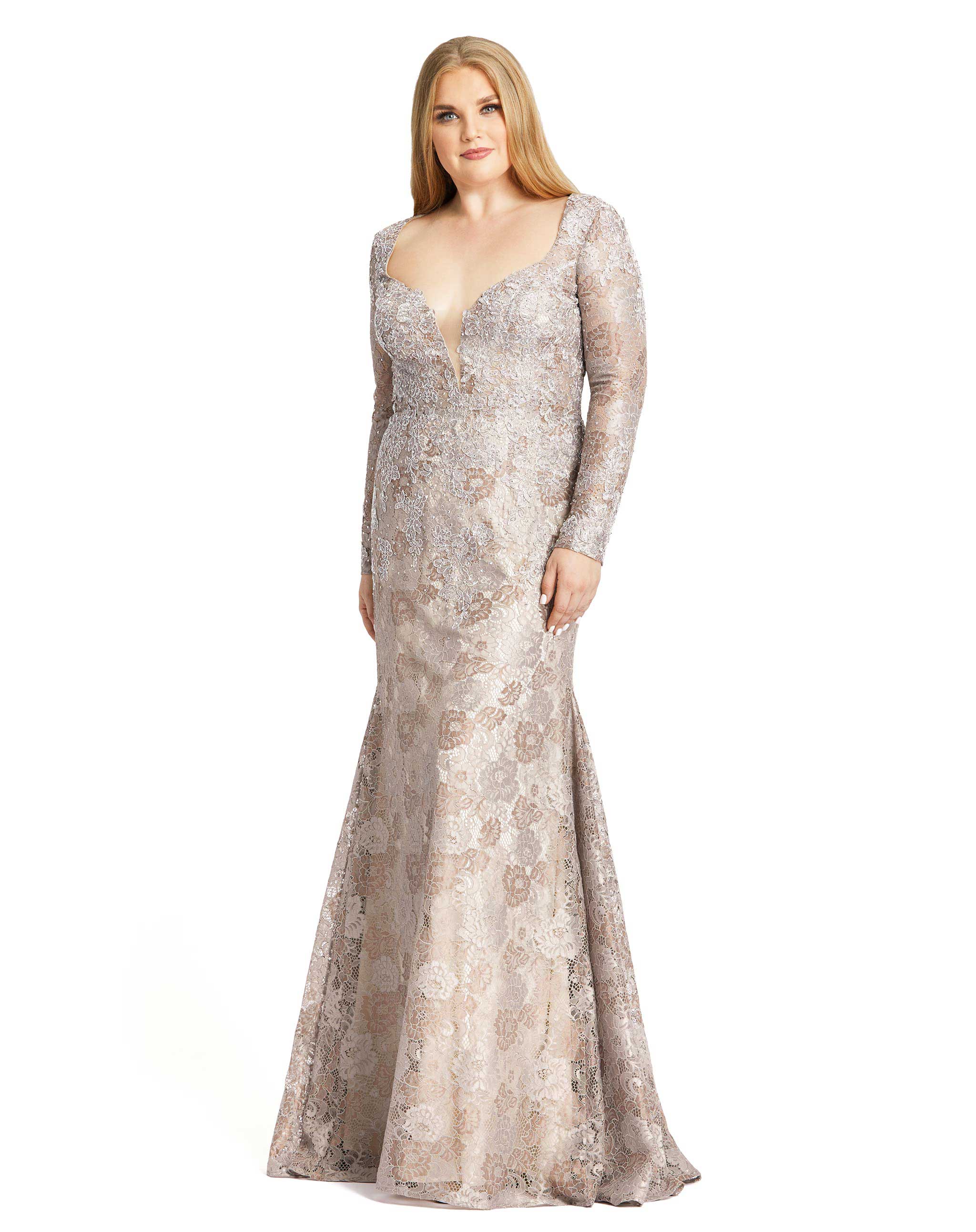 Plunge Neck Embellished Lace Gown (Plus)
