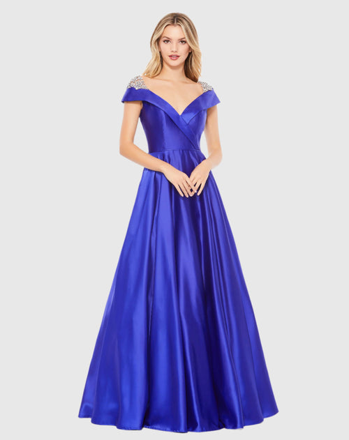 Embellished Cap Sleeve V Neck A Line Gown