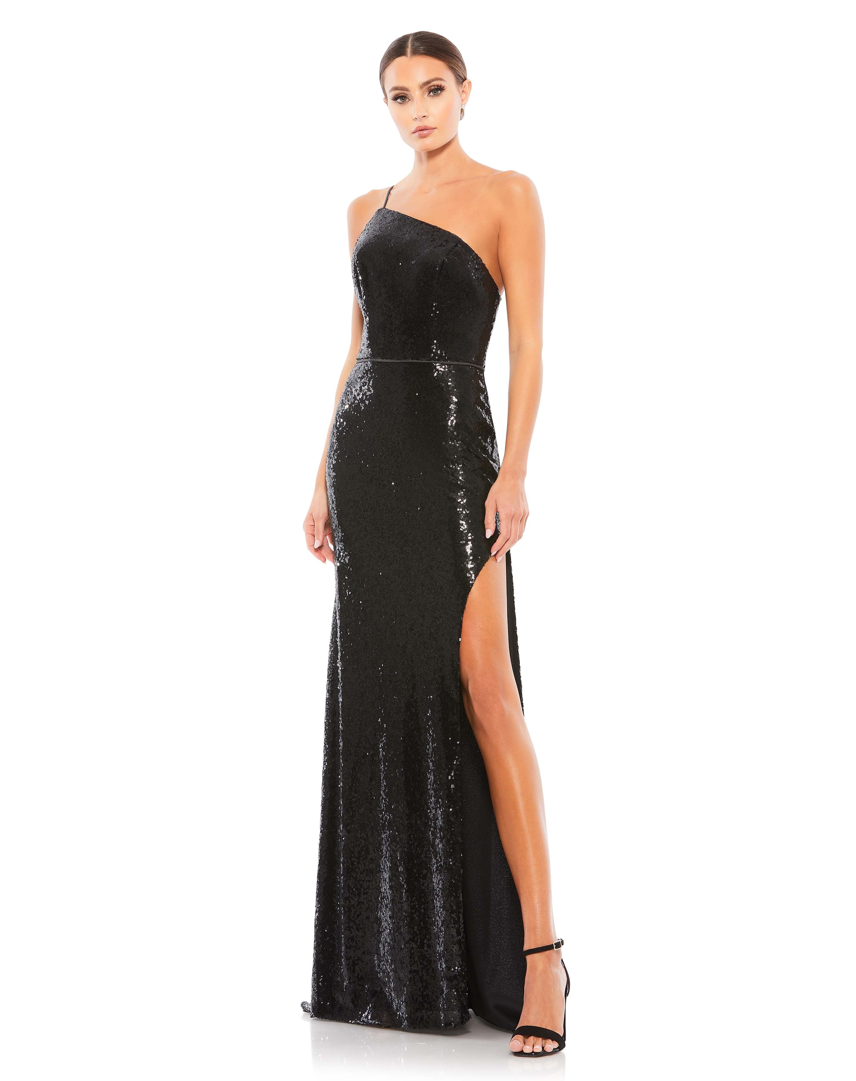 Open Back One Shoulder Sequined Gown