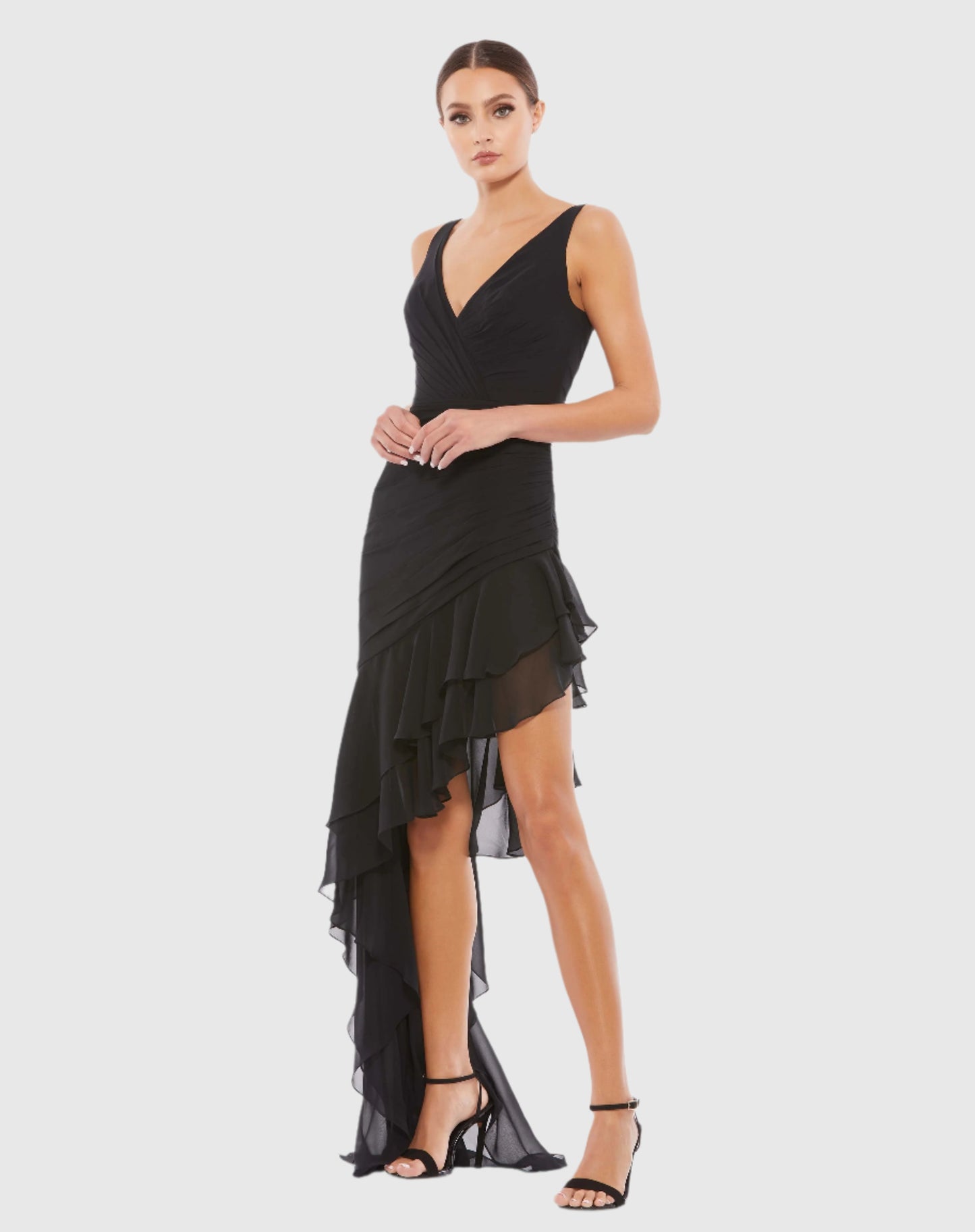 Asymmetrical Ruffled V-Neck Chiffon Dress