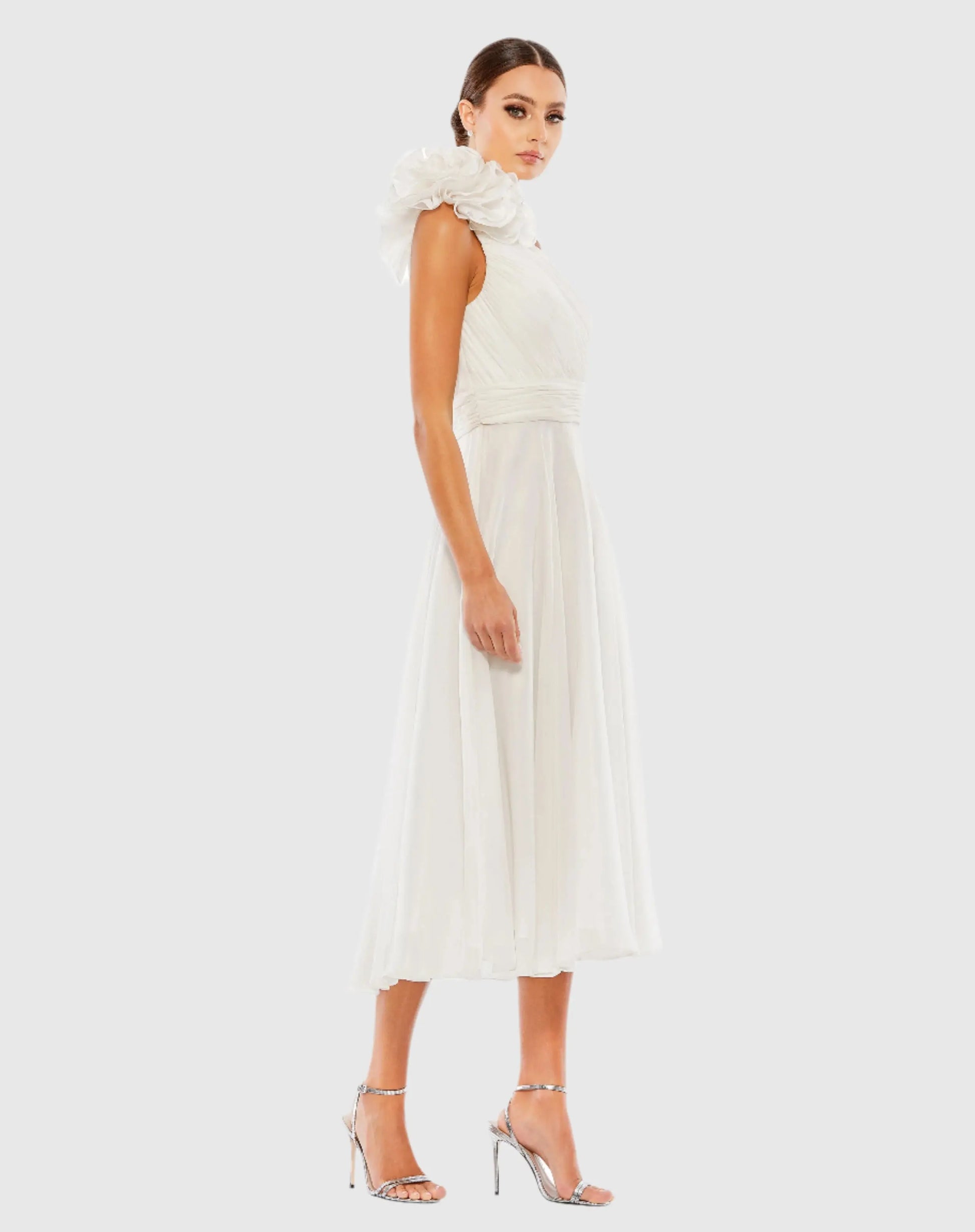 White Rosette One Shoulder Tea Length Dress - Mac Duggal White Rosette One Shoulder Tea Length Dress - Mac Duggal
