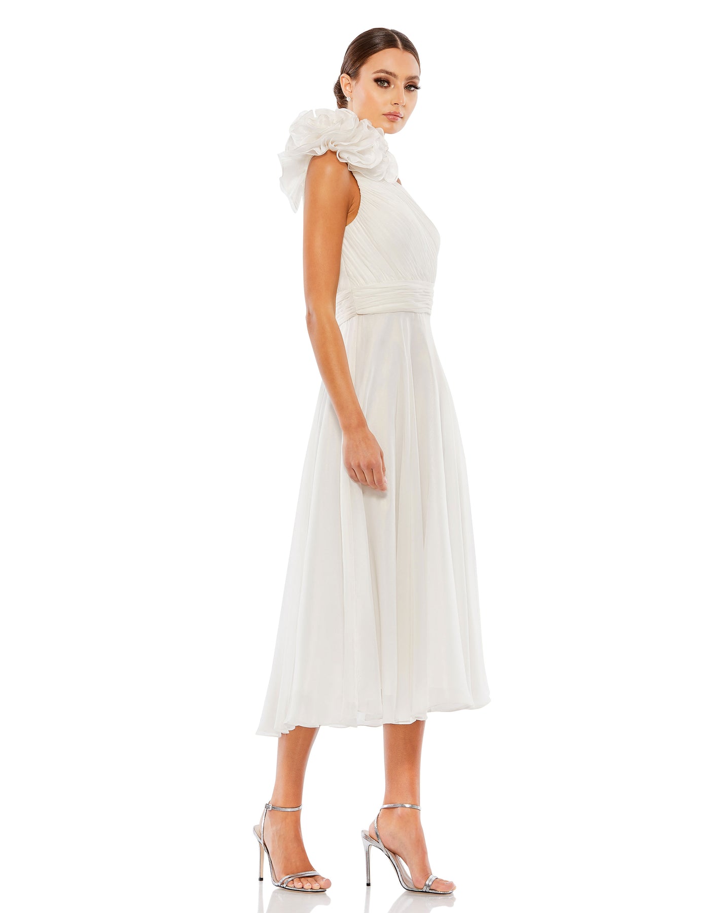 Rosette One Shoulder Tea Length Dress – Mac Duggal