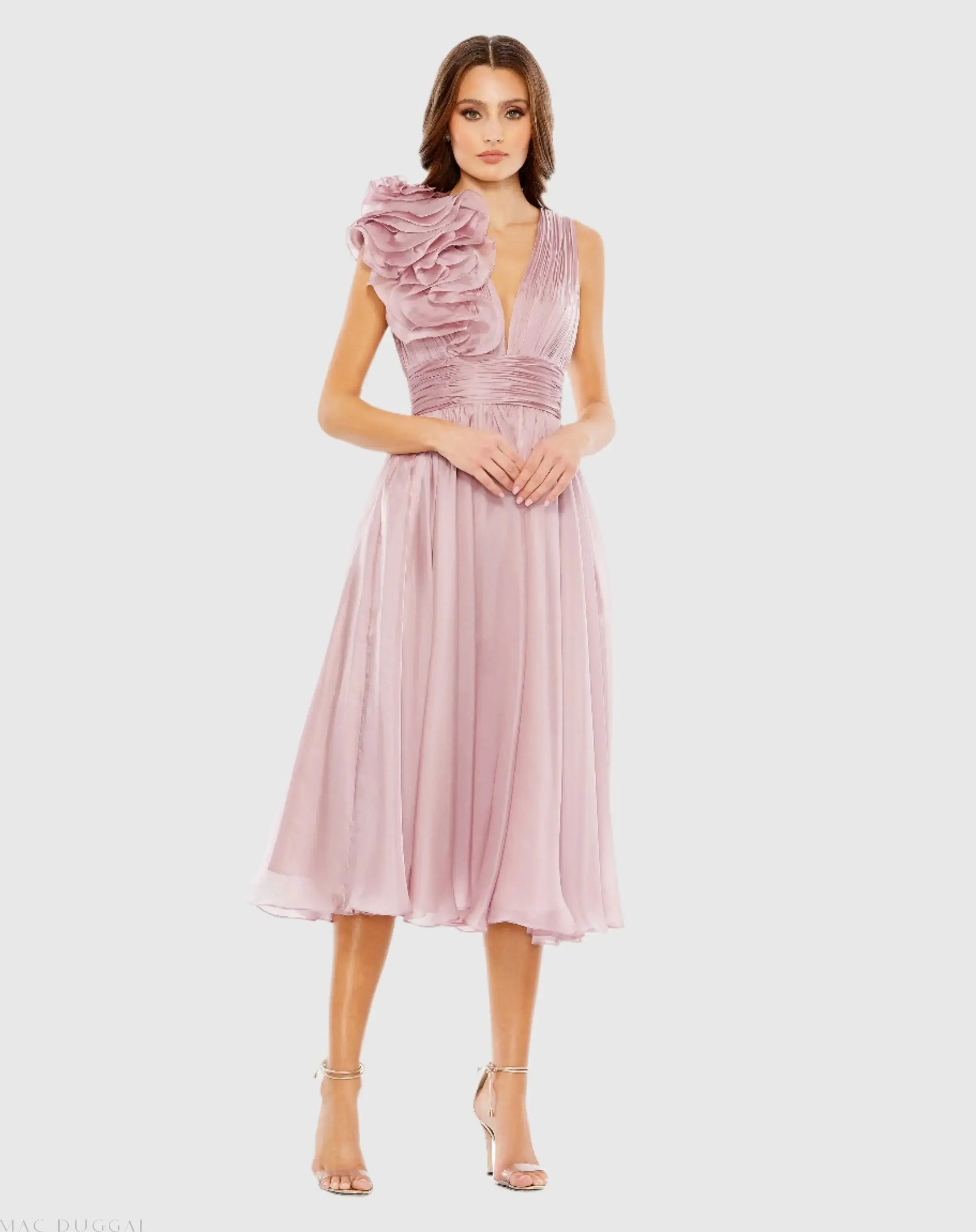 Pink Sleeveless Chiffon A-Line Tea Length Cocktail Dress - Mac Duggal Pink Sleeveless Chiffon A-Line Tea Length Cocktail Dress - Mac Duggal