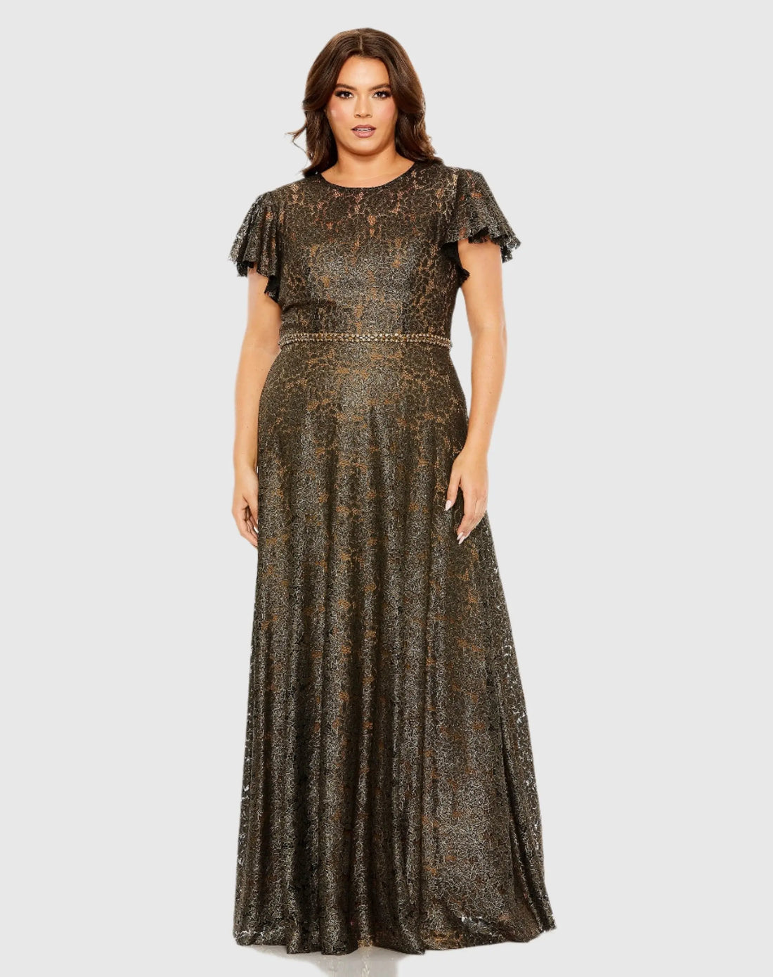 Lace Butterfly Sleeve Beaded Belt Gown
