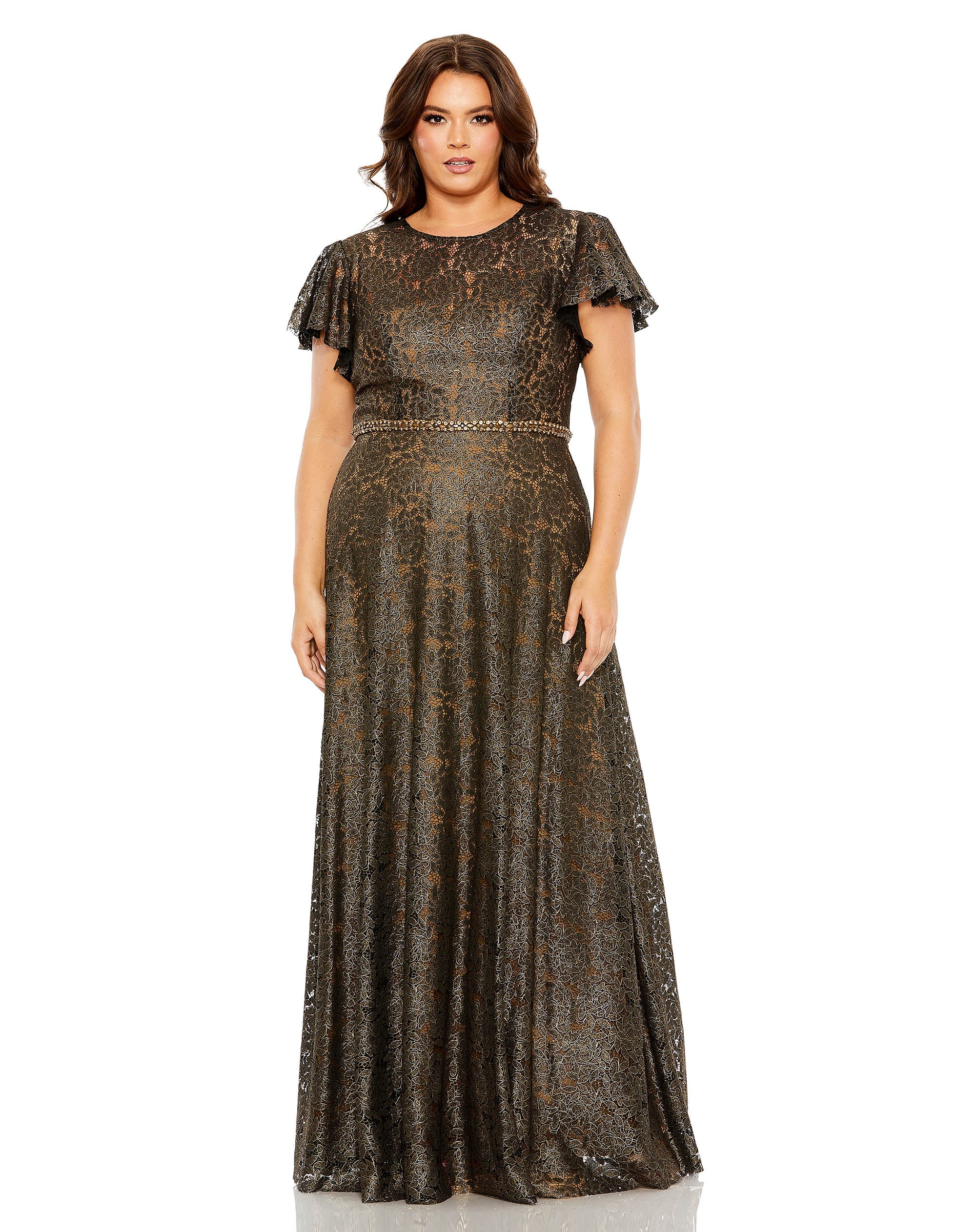 Lace Butterfly Sleeve Beaded Belt Gown