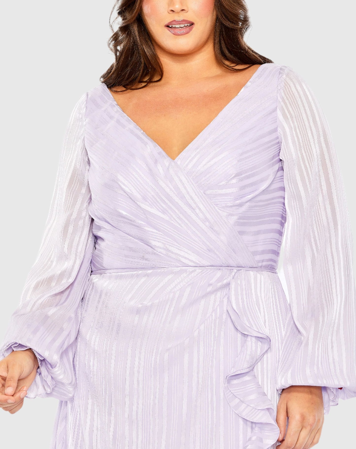 Striped Faux Wrap Bishop Sleeve Gown