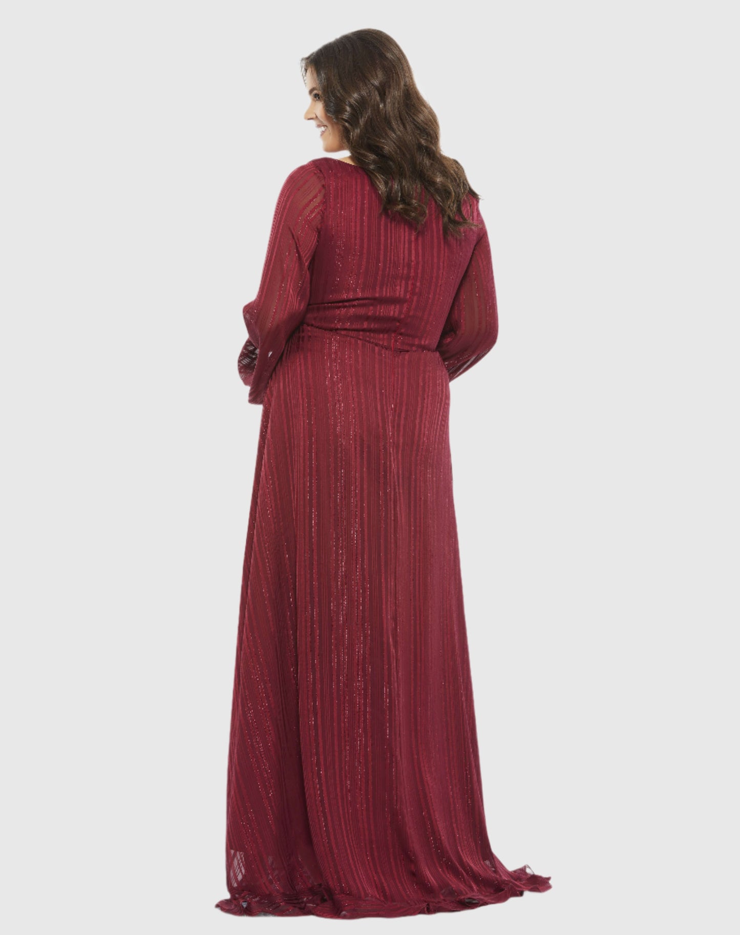 Striped Faux Wrap Bishop Sleeve Gown