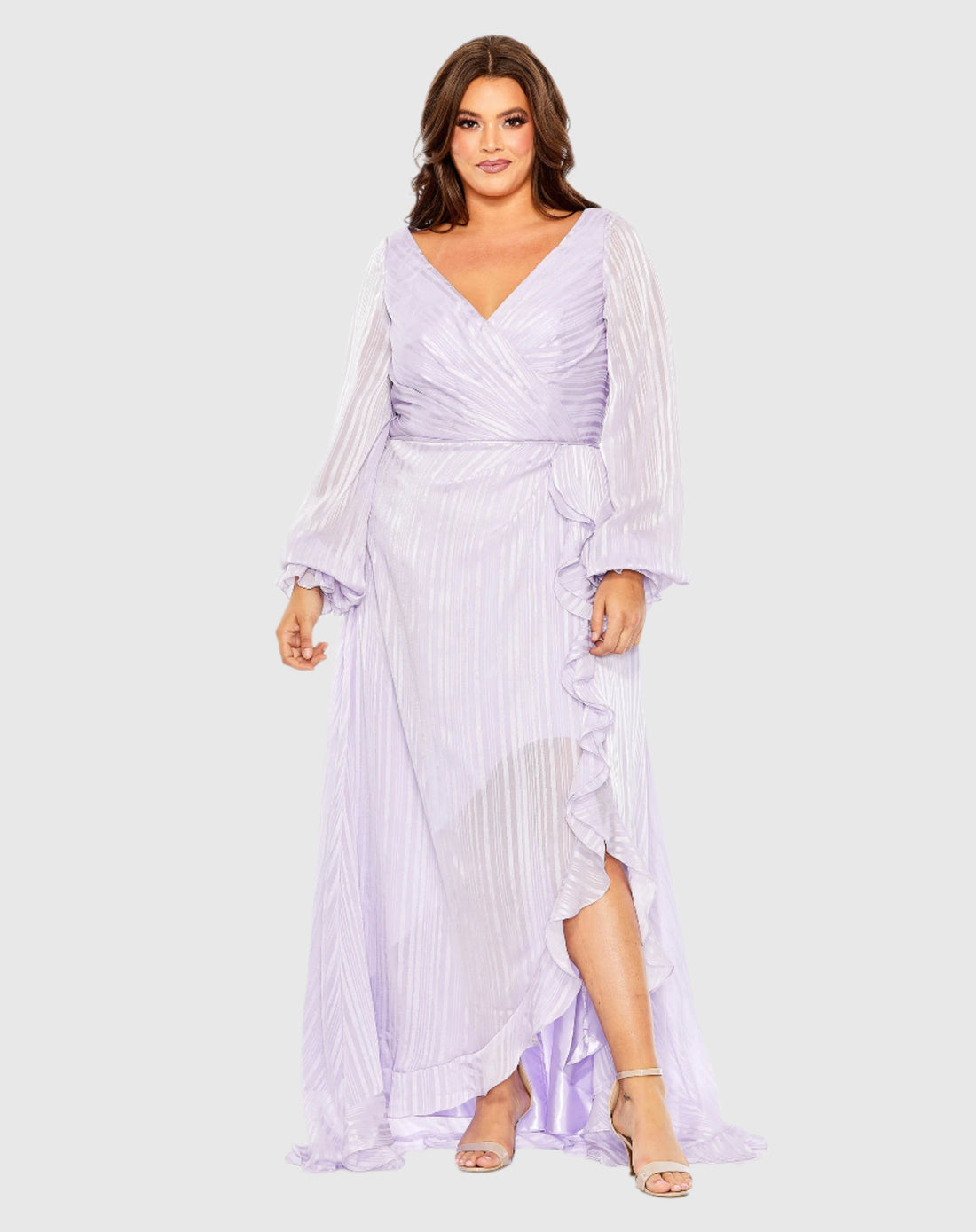 Striped Faux Wrap Bishop Sleeve Gown