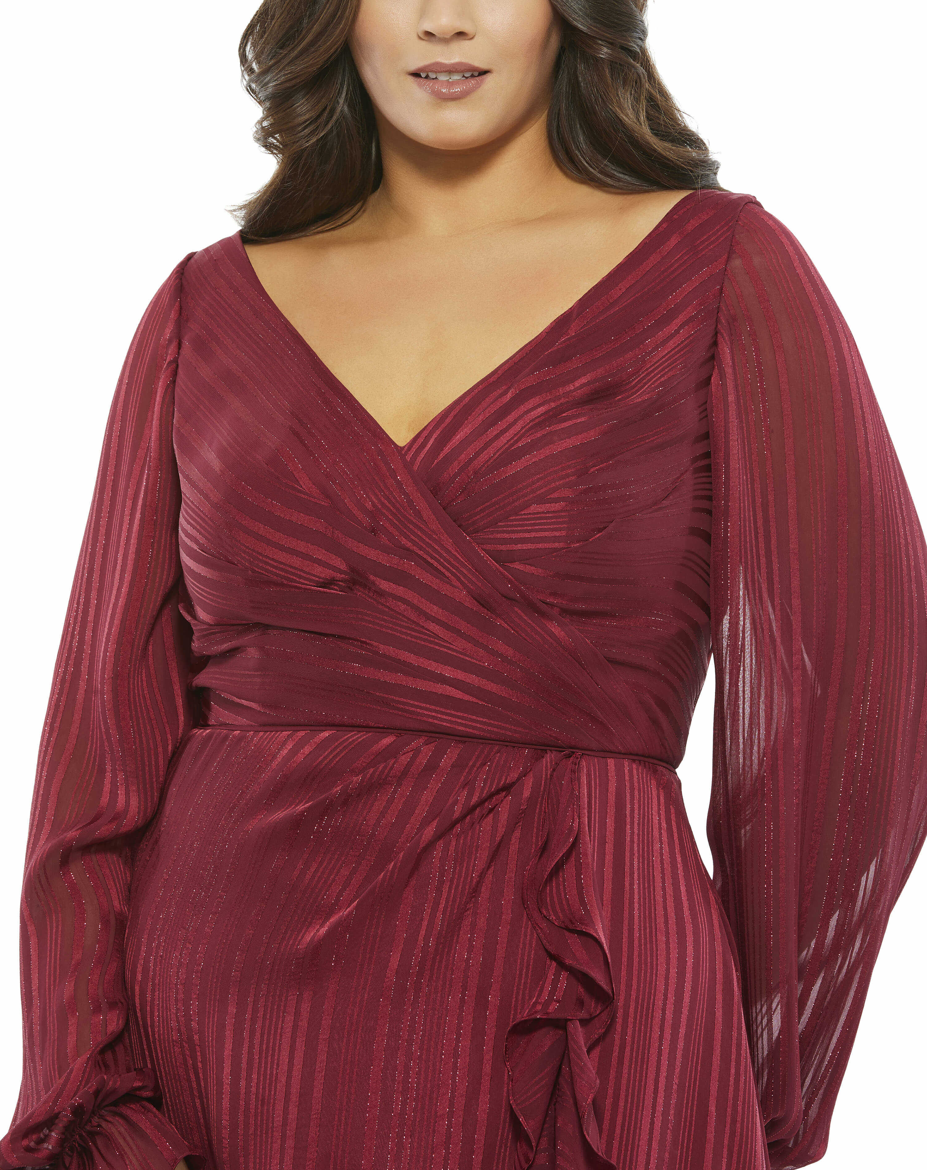 Striped Faux Wrap Bishop Sleeve Gown
