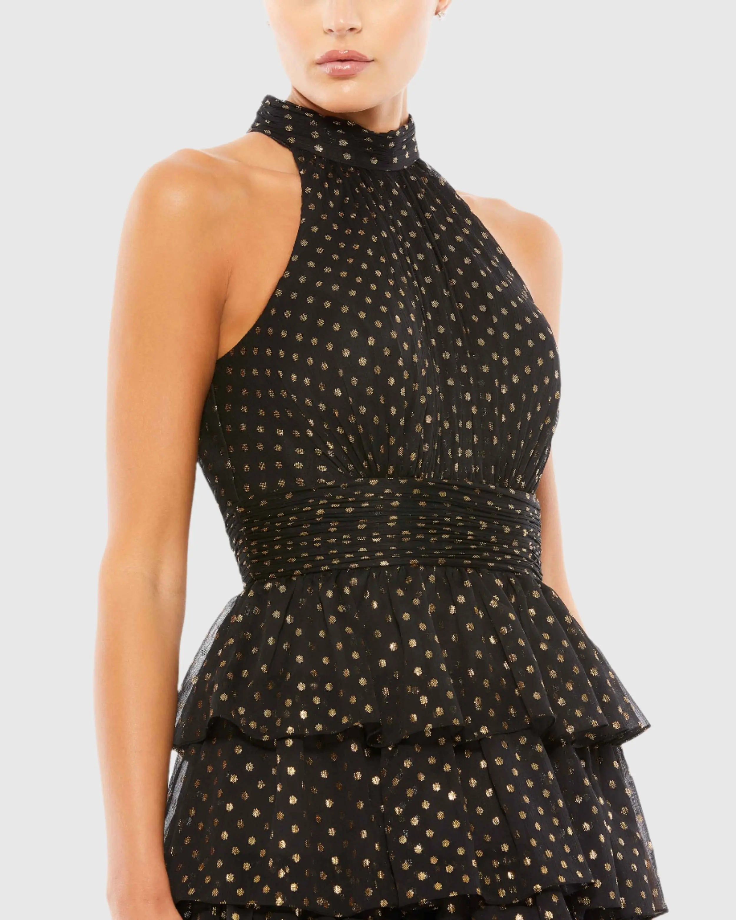 Mac Duggal Layered Polka Dot Halter Cocktail Dress - Black Gold Mac Duggal Layered Polka Dot Halter Cocktail Dress - Black Gold