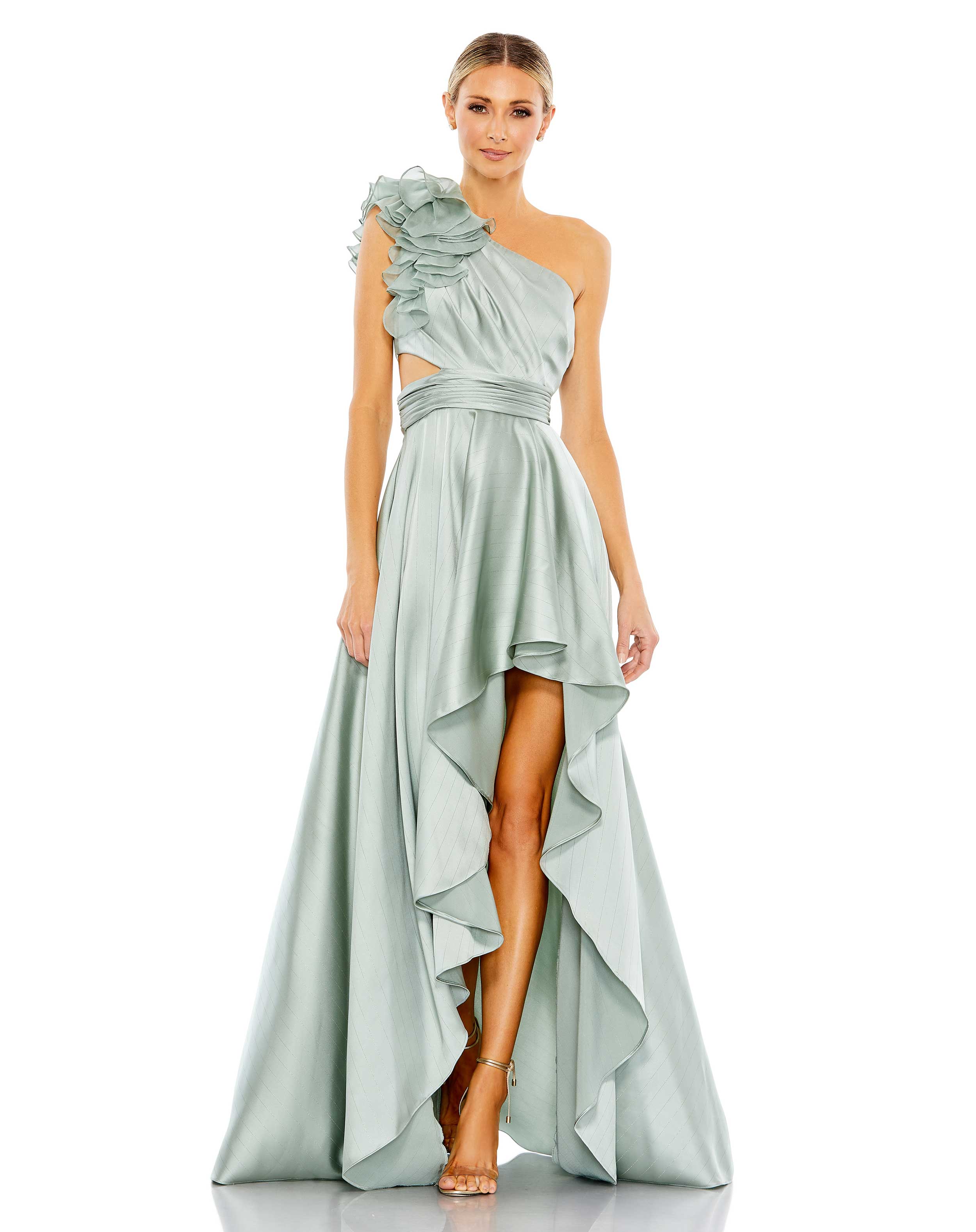 Ruffled One Shoulder Cut Out Hi-Lo Gown