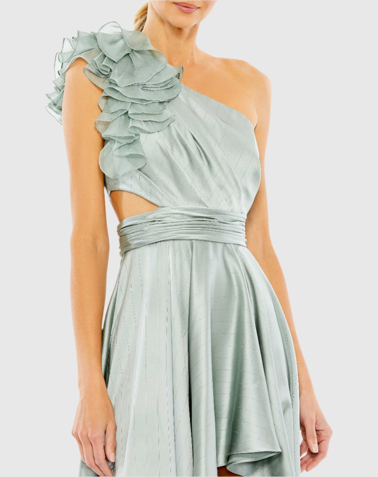 Ruffled One Shoulder Cut Out Hi-Low Gown