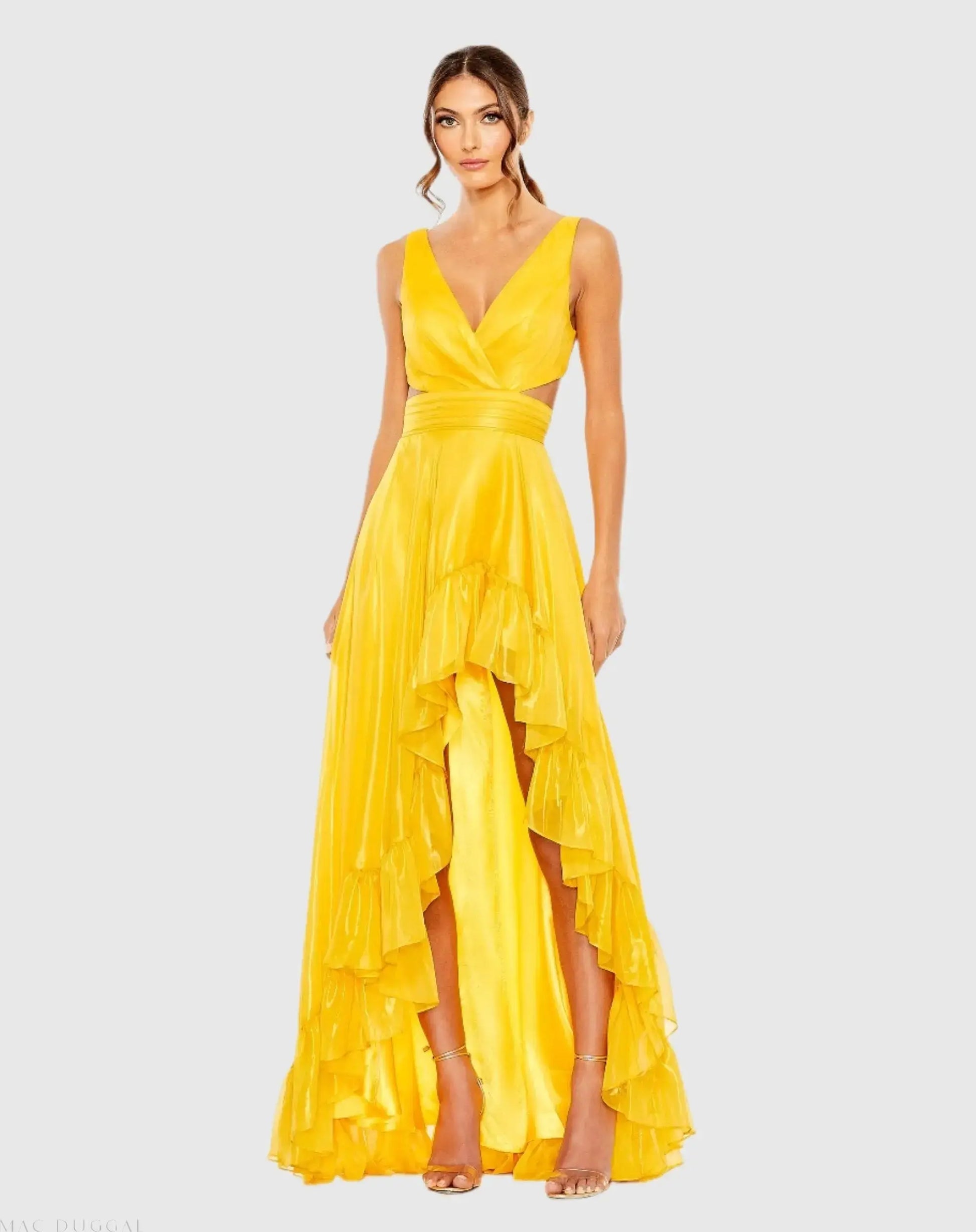 Yellow Cut Out High Low Ruffle Gown - Ieena for Mac Duggal