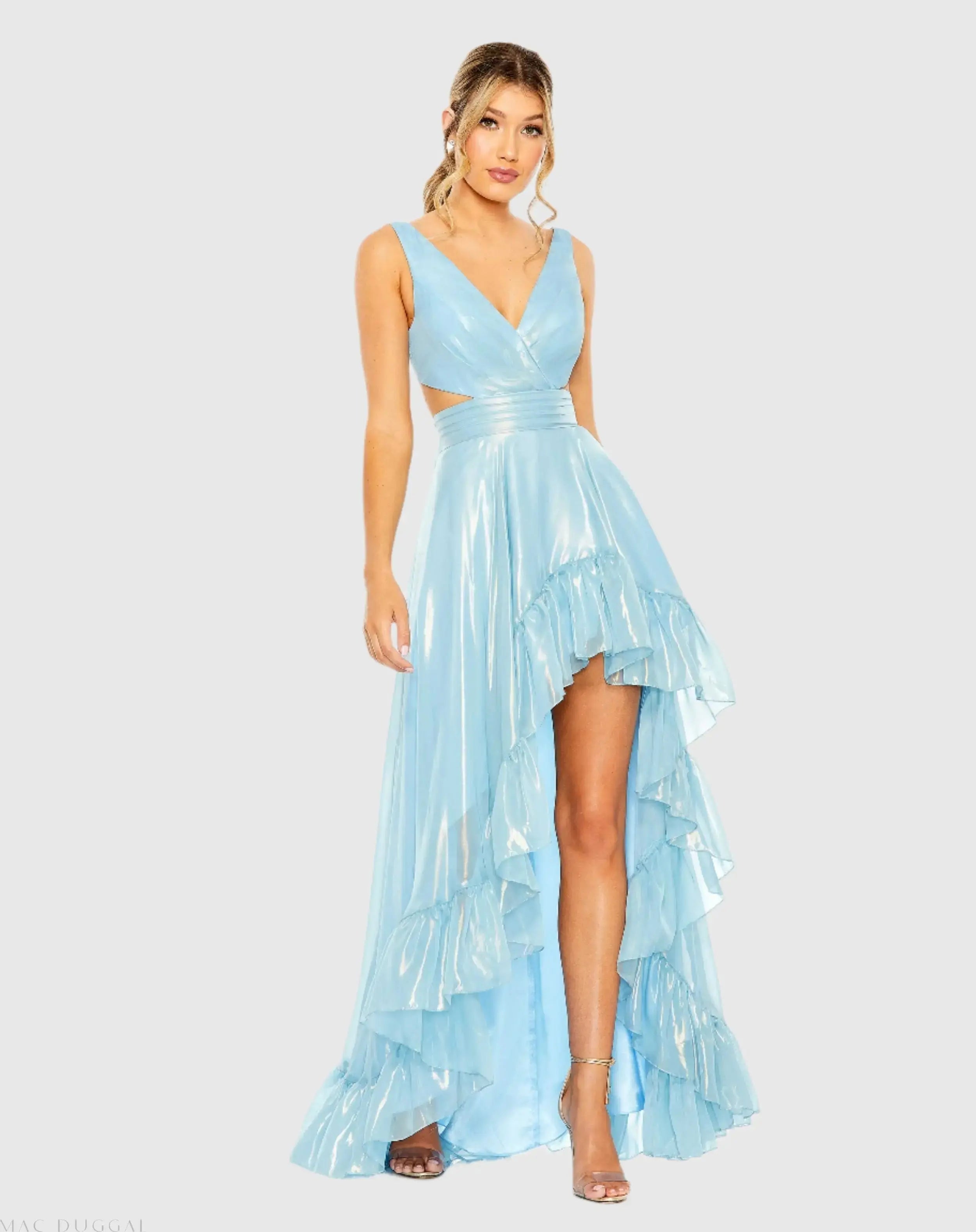 Blue Cut Out High Low Ruffle Gown