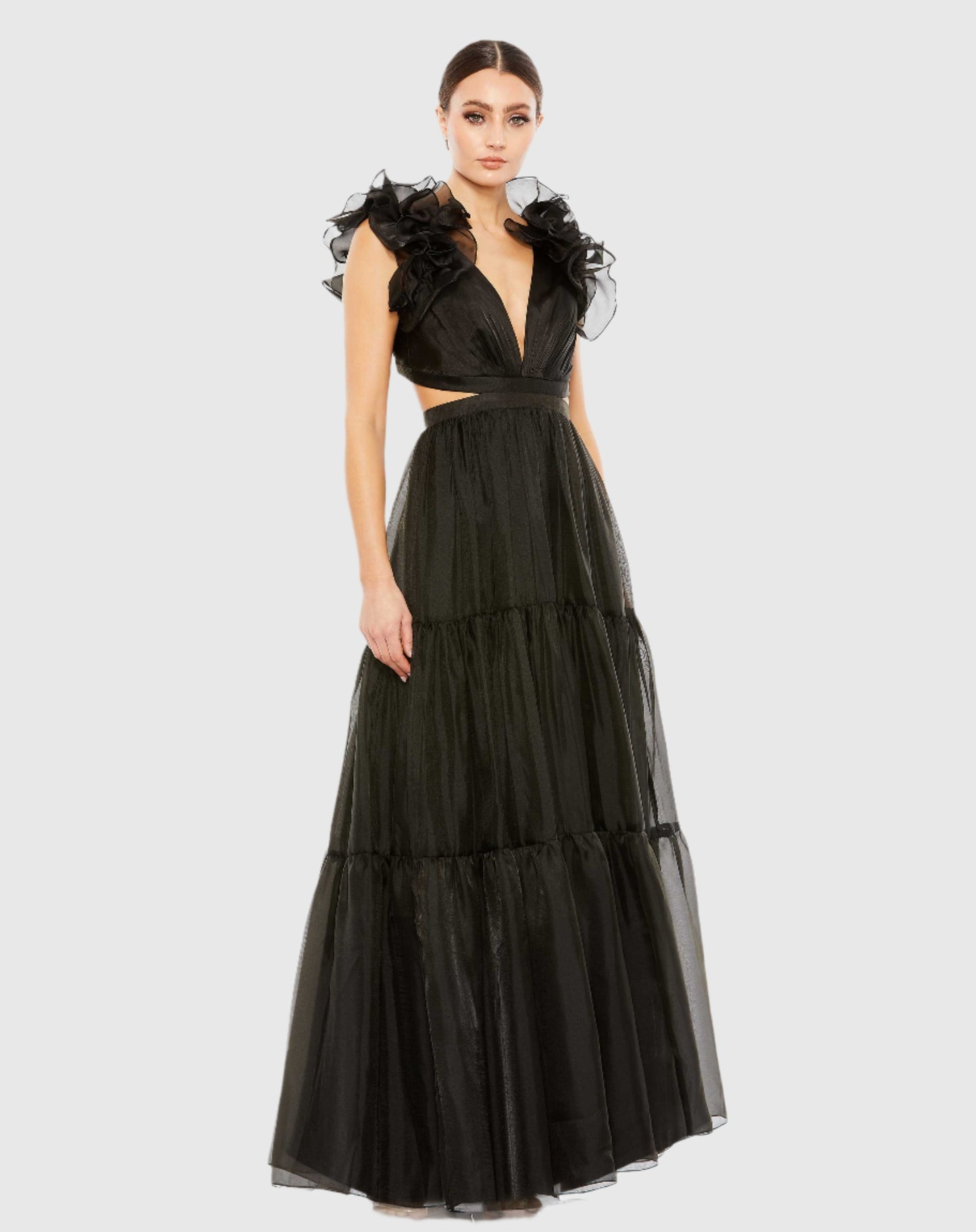 Ruffled Shoulder Cut Out Soft Tie Back Tiered Gown