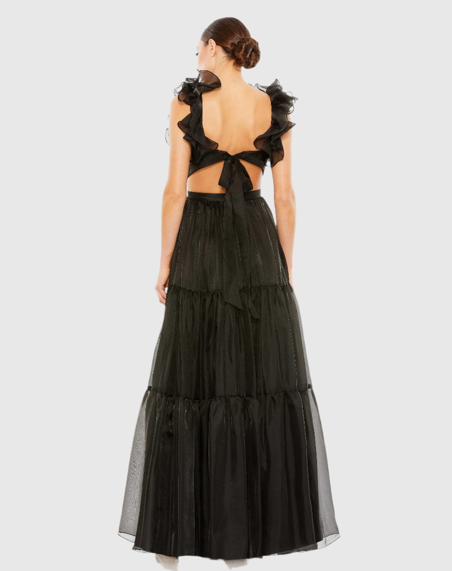 Ruffled Shoulder Cut Out Soft Tie Back Tiered Gown