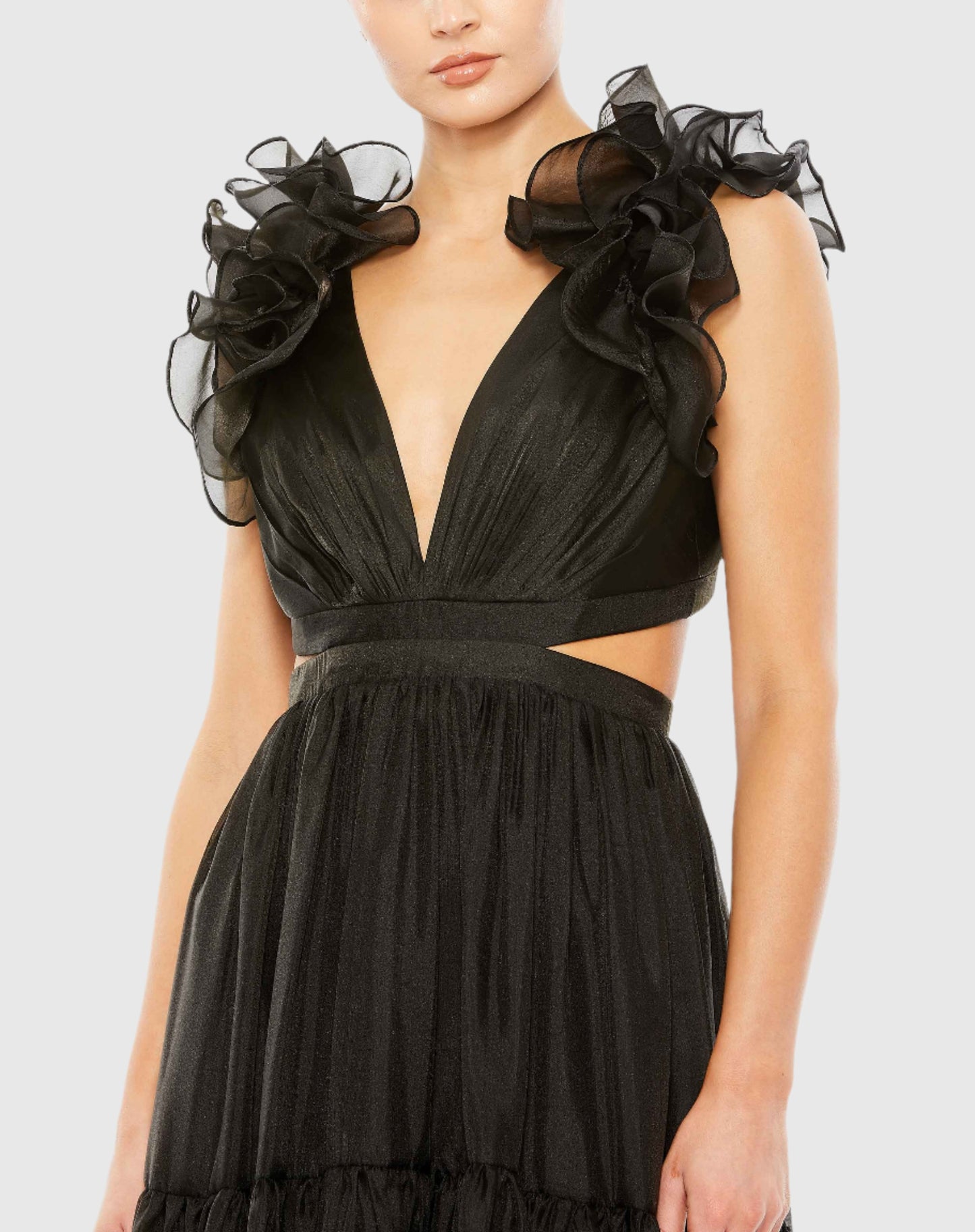 Ruffled Shoulder Cut Out Soft Tie Back Tiered Gown