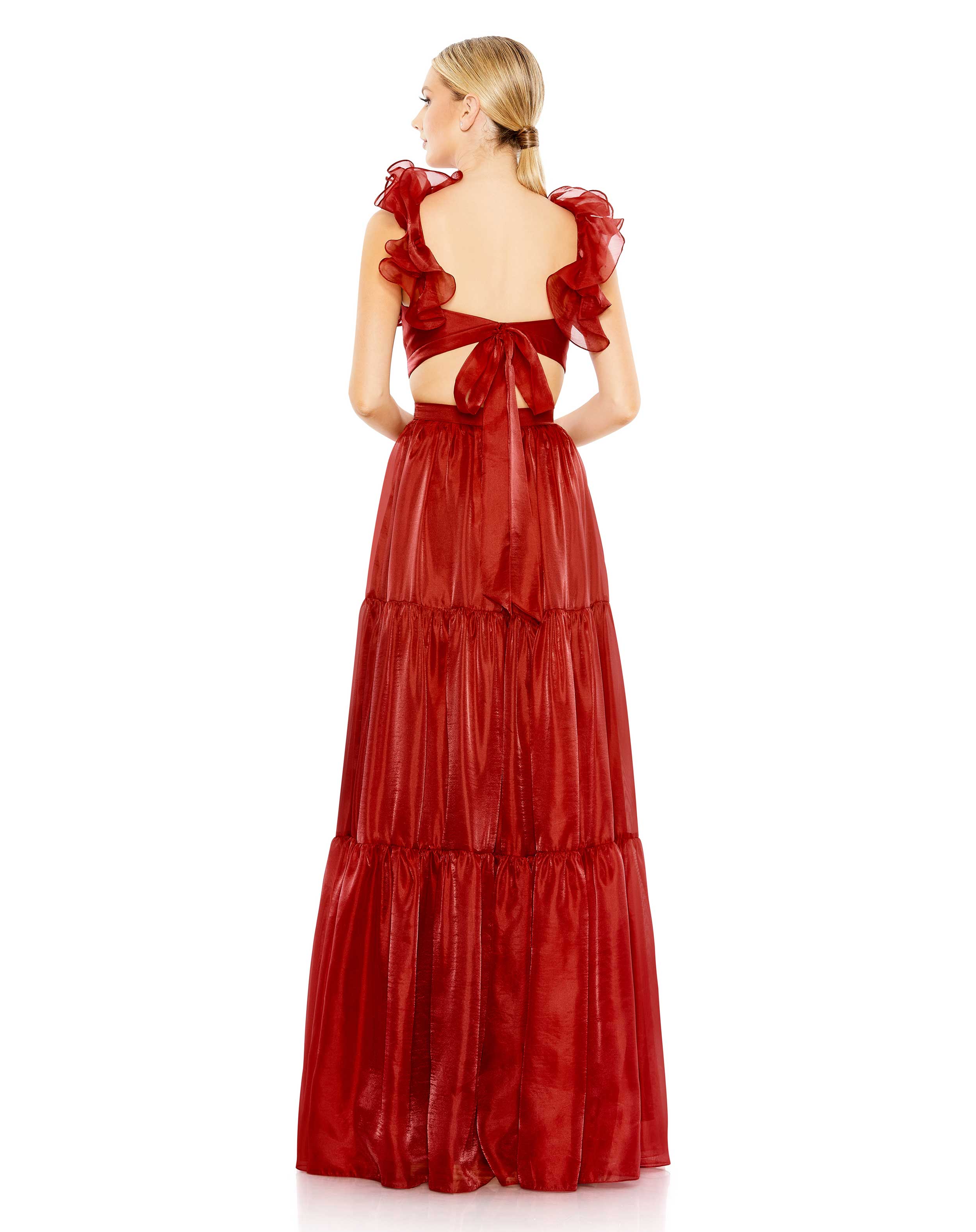 Ruffled Shoulder Cut Out Soft Tie Back Tiered Gown