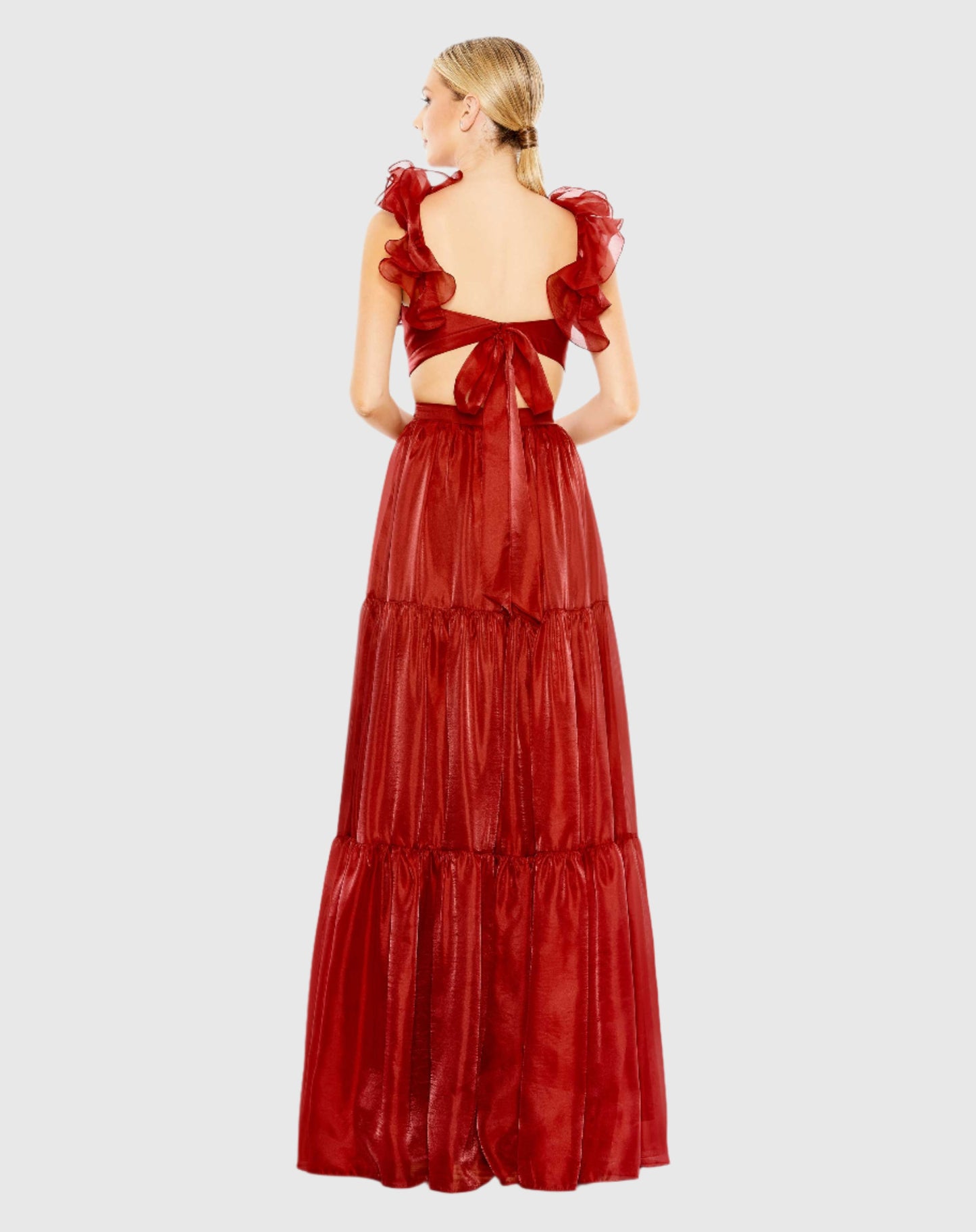 Ruffled Shoulder Cut Out Soft Tie Back Tiered Gown