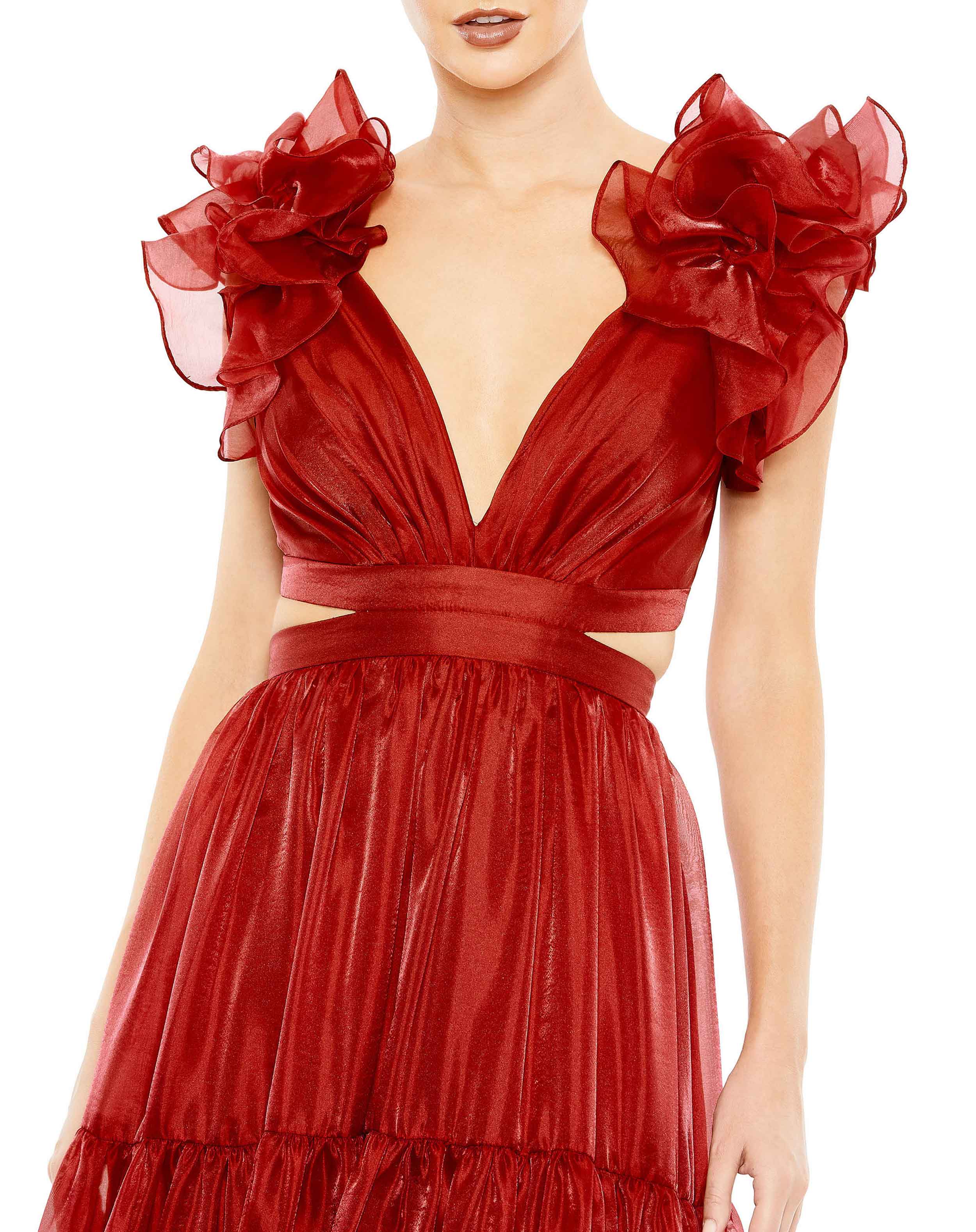 Ruffled Shoulder Cut Out Soft Tie Back Tiered Gown