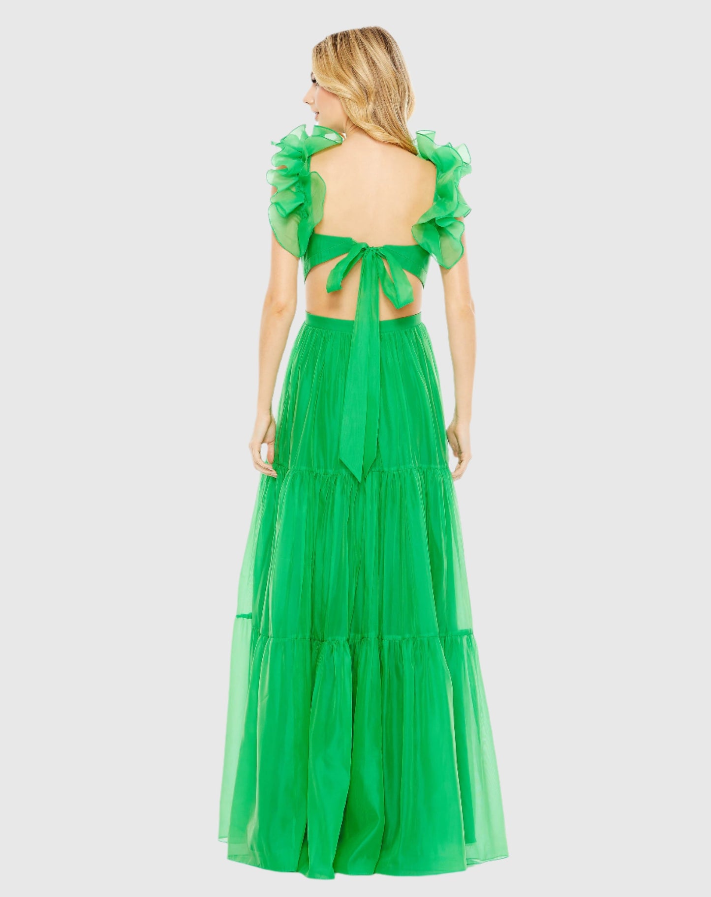 Ruffled Shoulder Cut Out Soft Tie Back Tiered Gown