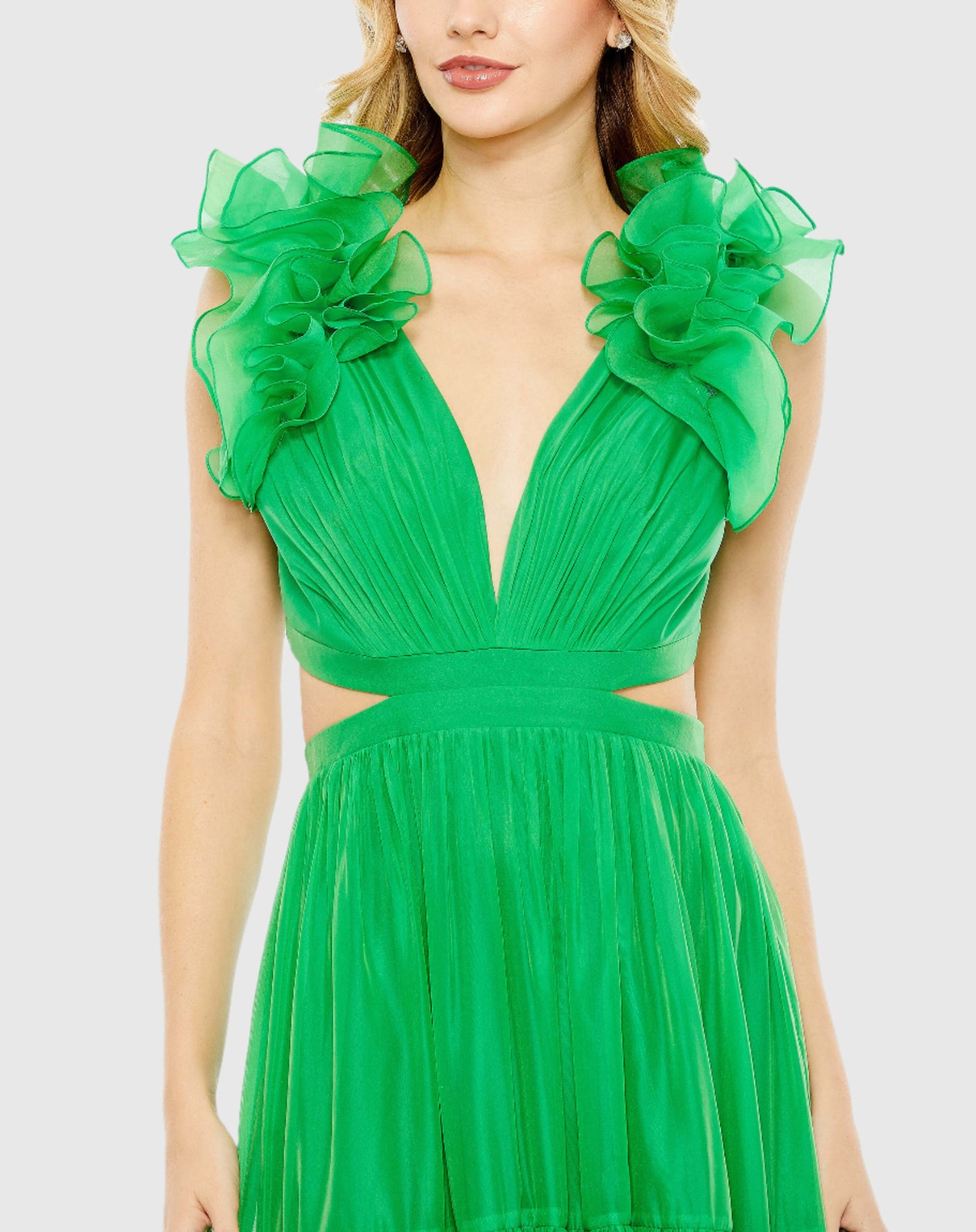 Ruffled Shoulder Cut Out Soft Tie Back Tiered Gown