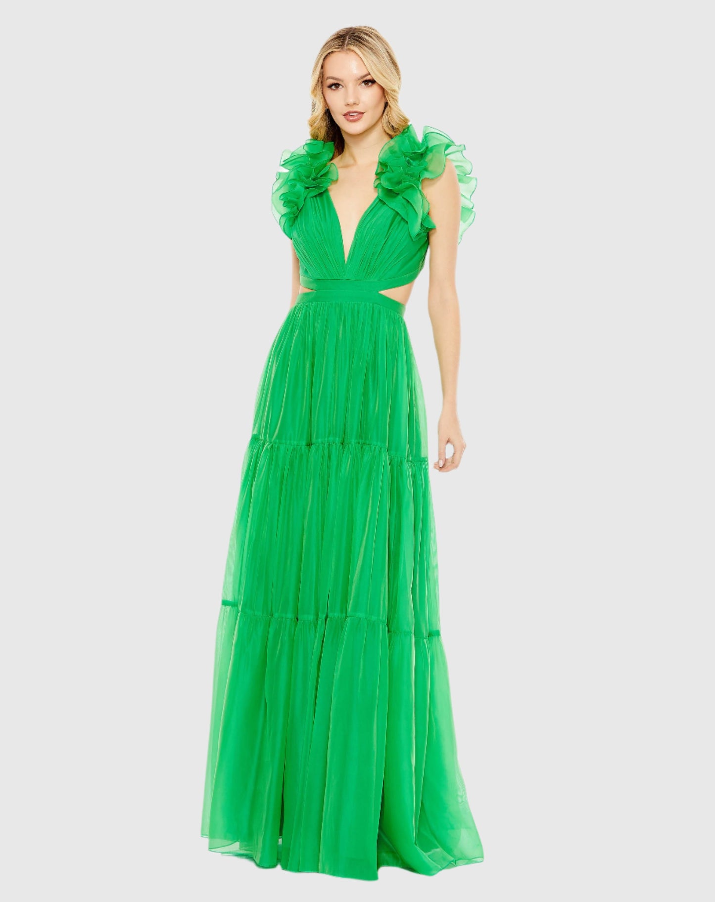 Ruffled Shoulder Cut Out Soft Tie Back Tiered Gown