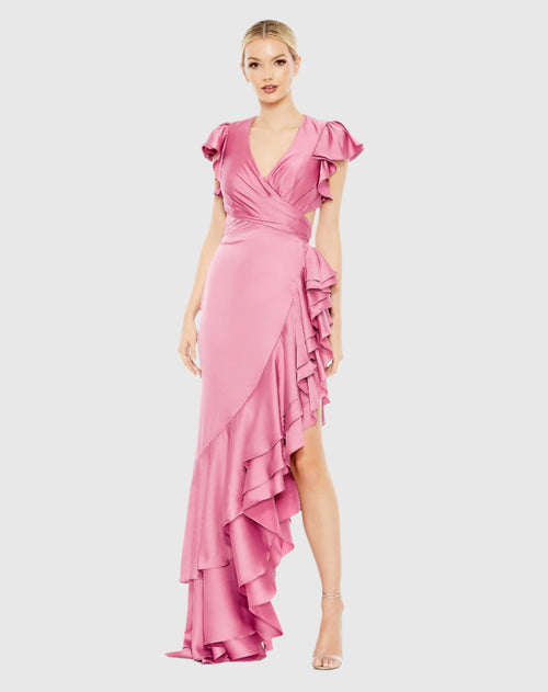 Pink Flutter Sleeve Cut Out Asymmetrical Ruffled Gown