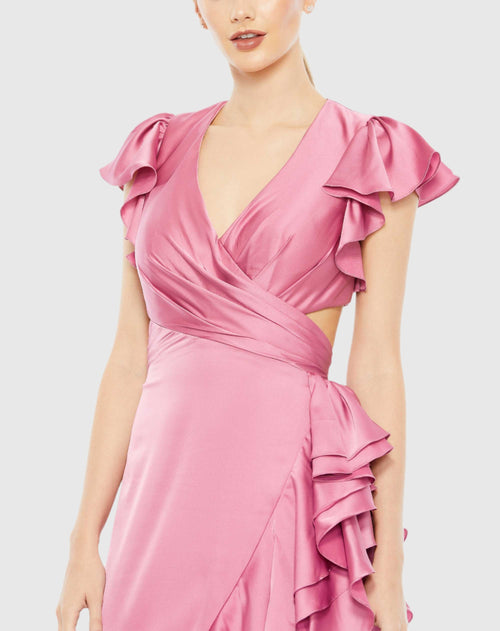 Pink Flutter Sleeve Cut Out Asymmetrical Ruffled Gown