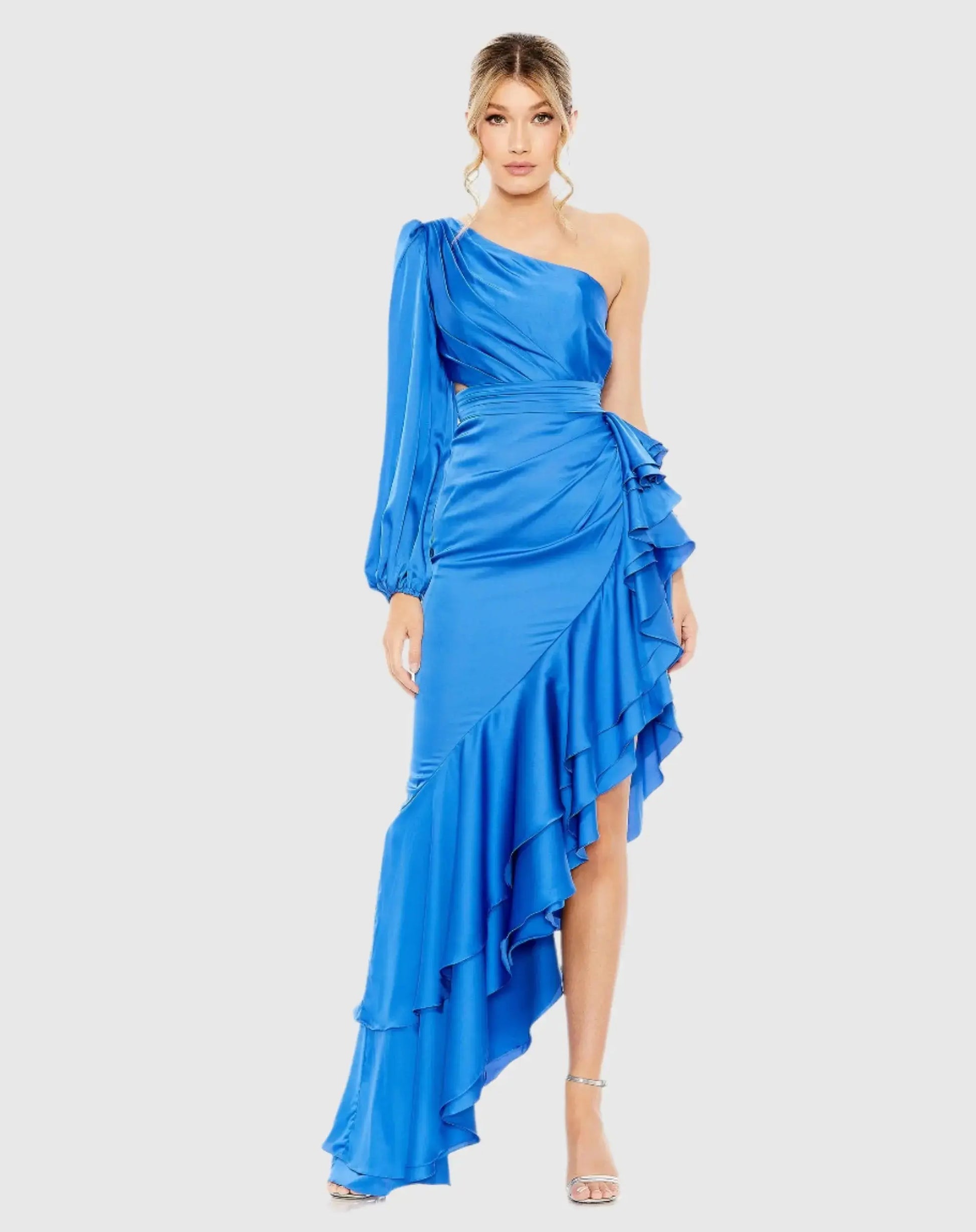 Blue One Sleeve Cut Out Asymmetrical Ruffled Gown - Mac Duggal Blue One Sleeve Cut Out Asymmetrical Ruffled Gown - Mac Duggal