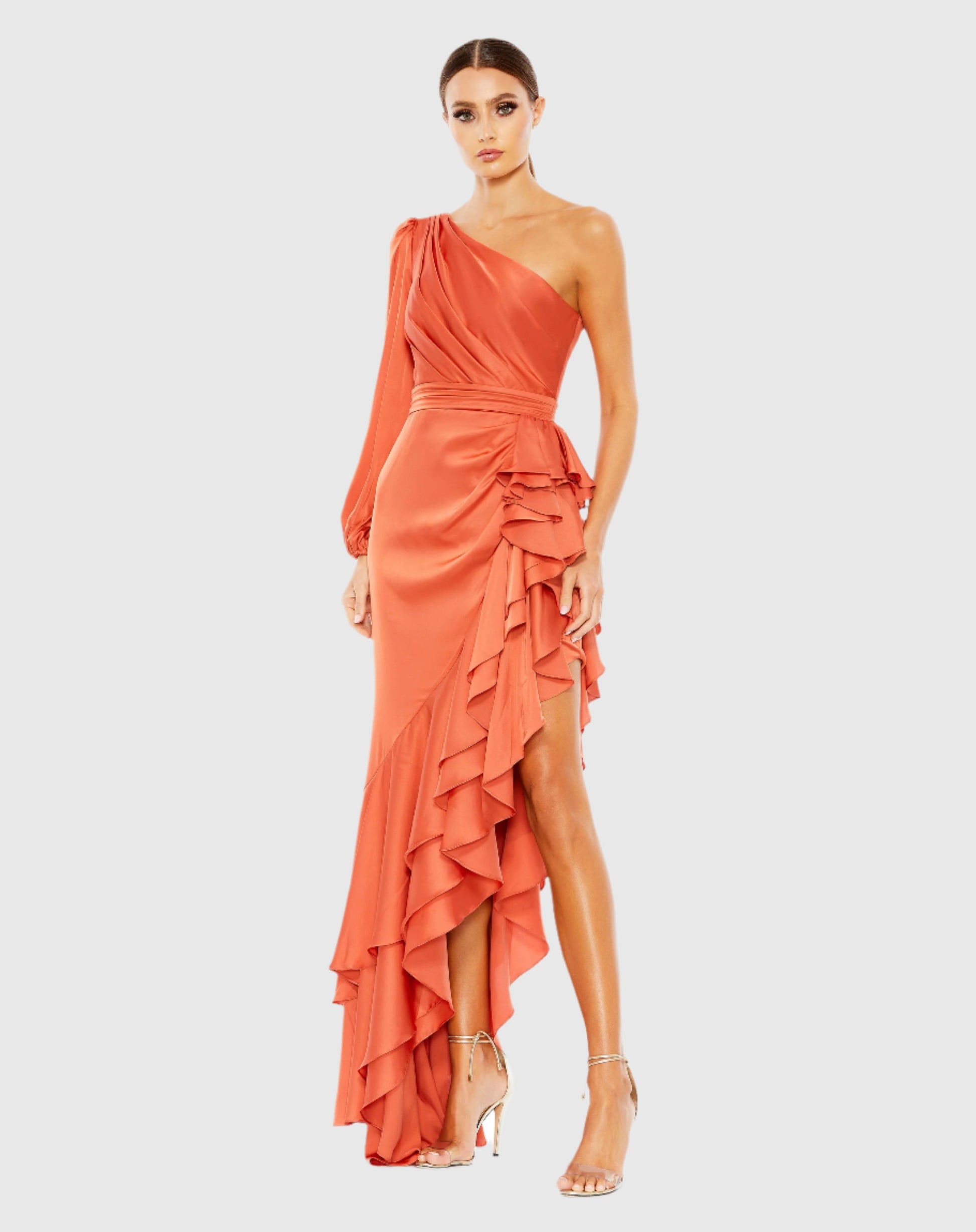 One Sleeve Cut Out Asymmetrical Ruffled Gown