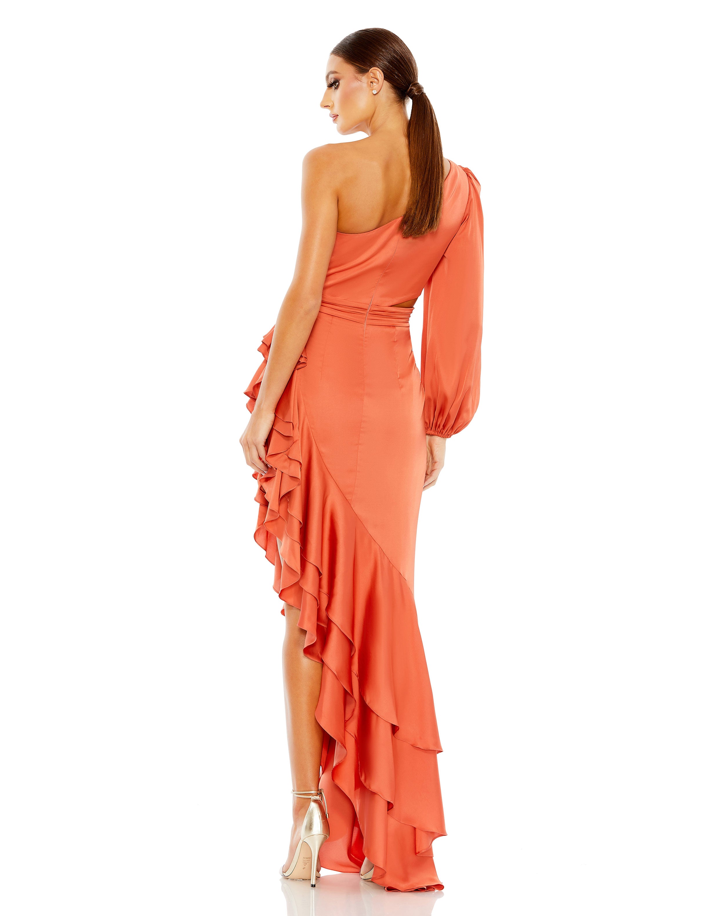 One Sleeve Cut Out Asymmetrical Ruffled Gown