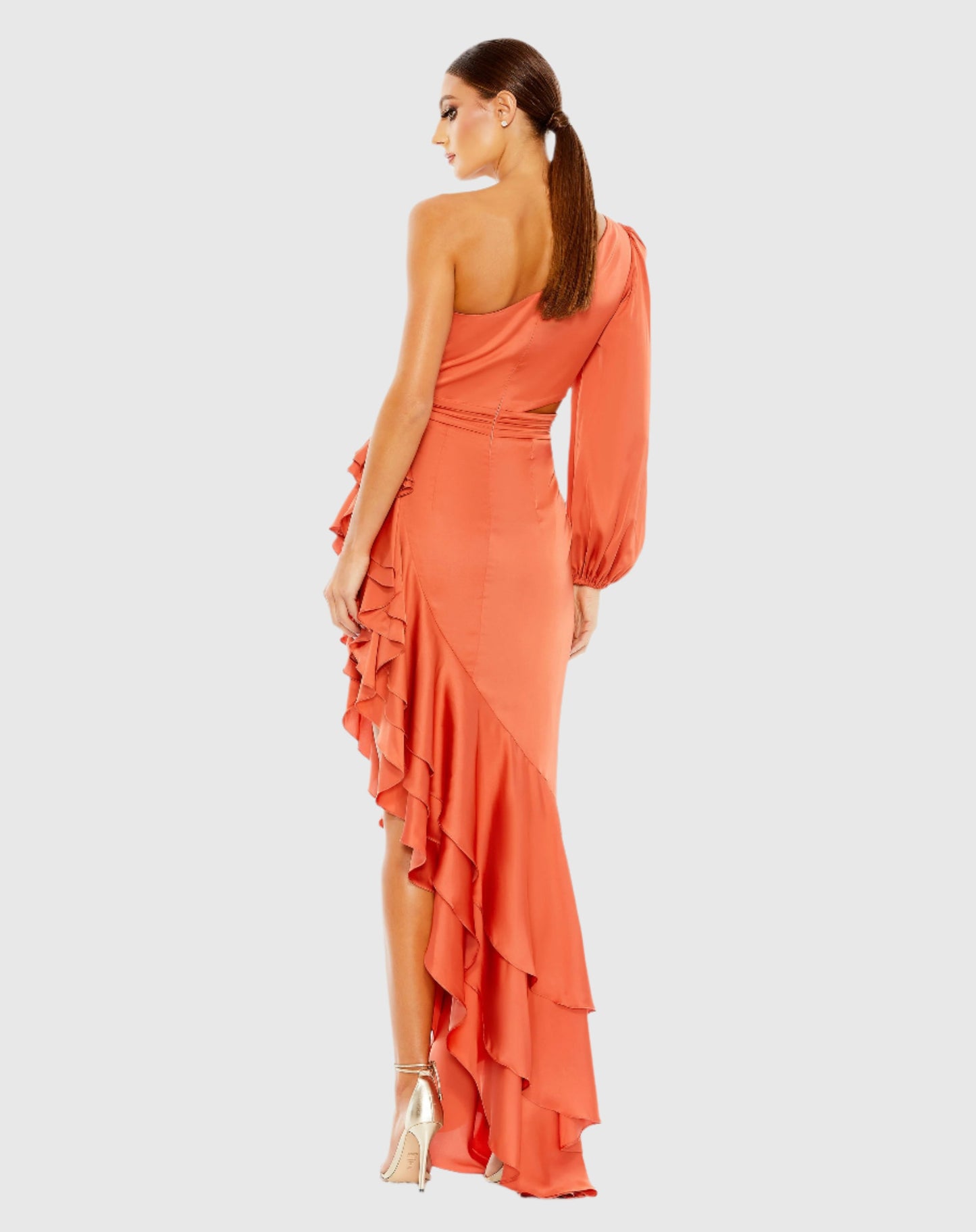 One Sleeve Cut Out Asymmetrical Ruffled Gown