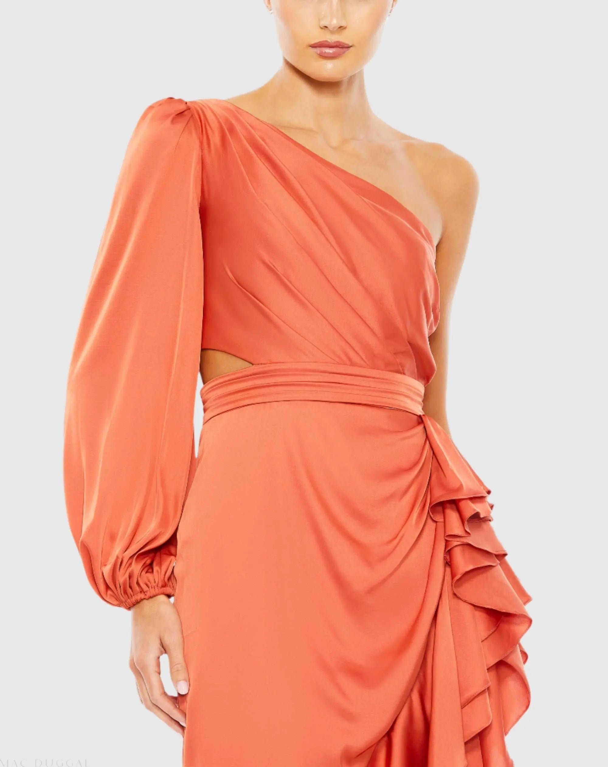 Orange One Sleeve Cut Out Asymmetrical Ruffled Gown - Mac Duggal