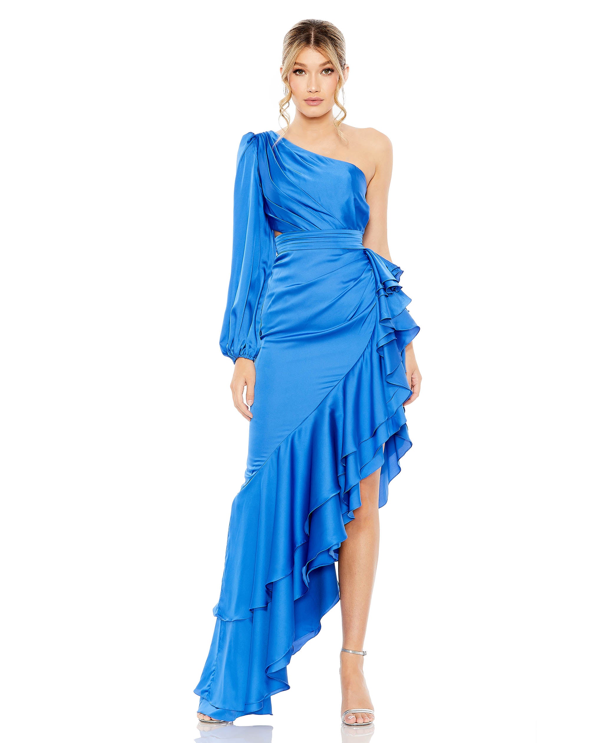 One Sleeve Cut Out Asymmetrical Ruffled Gown