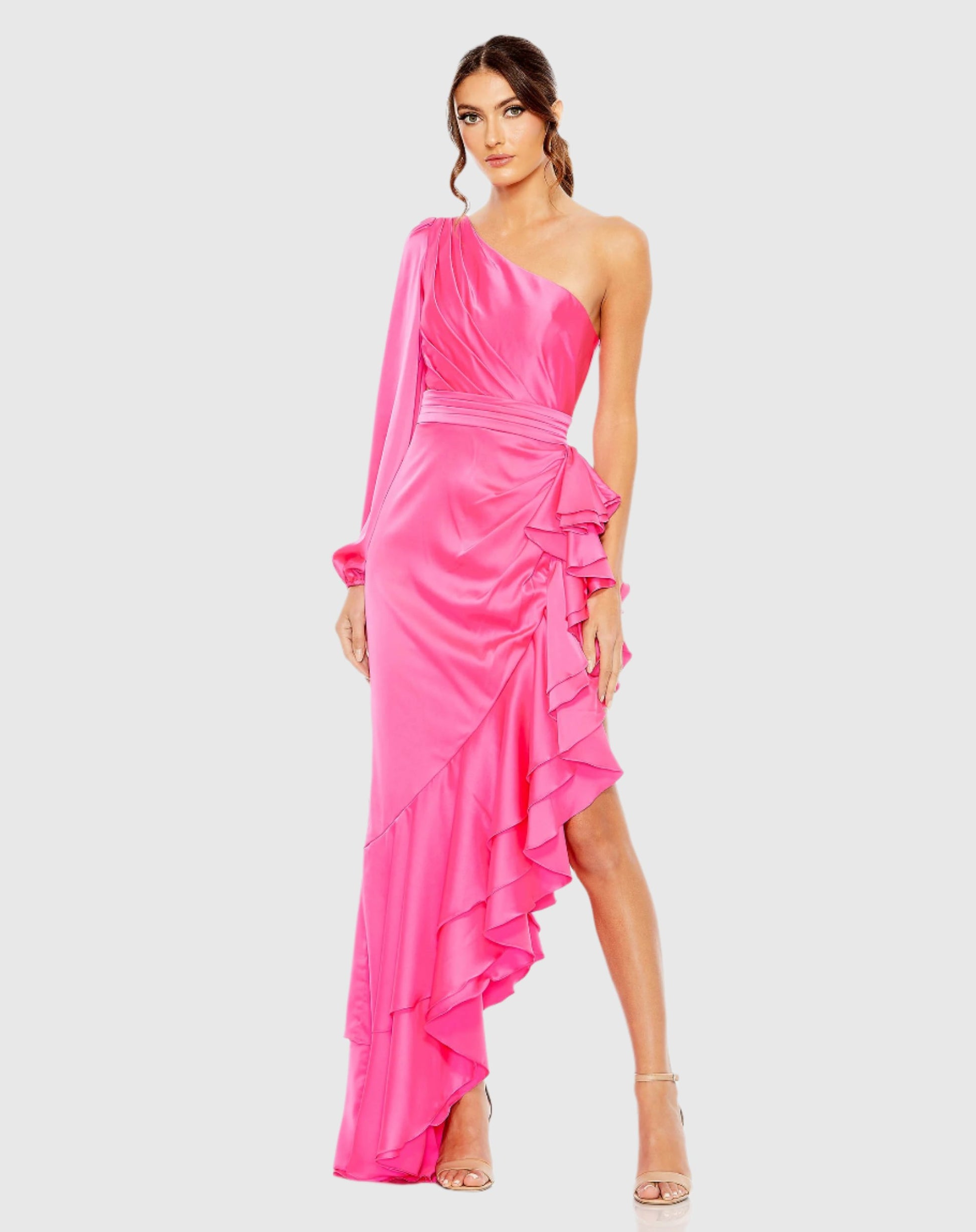 One Sleeve Cut Out Asymmetrical Ruffled Gown