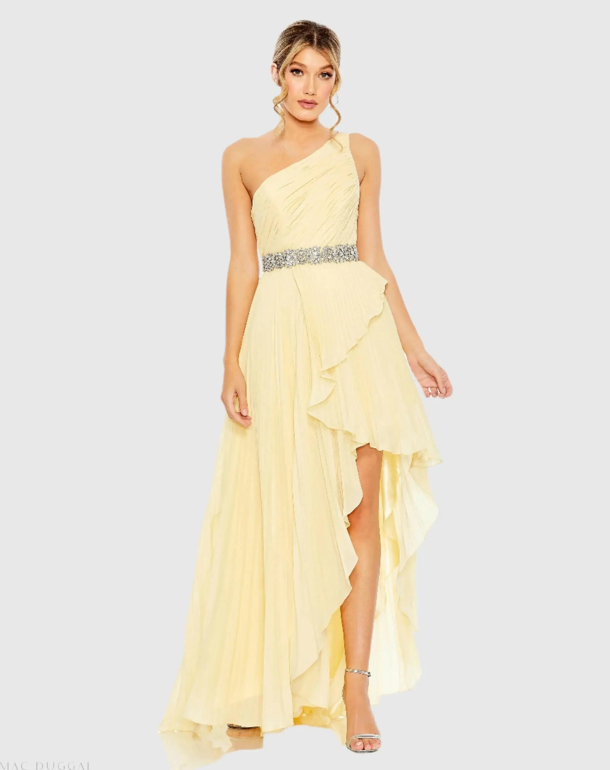Yellow Pleated One Shoulder Asymmetrical Ruffle Hem Gown - Mac Duggal