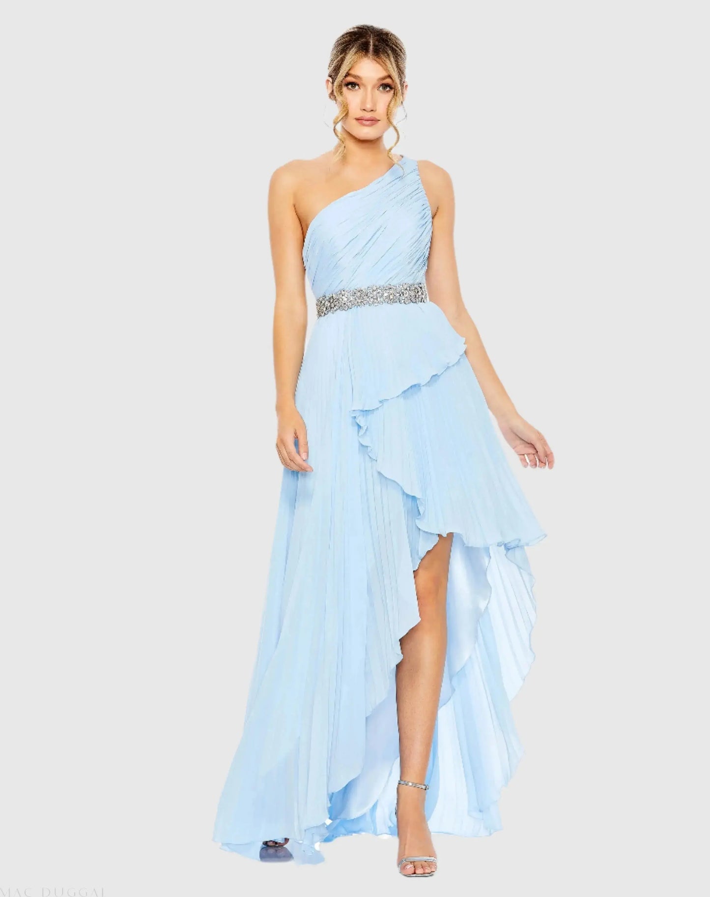 Blue Pleated One Shoulder Asymmetrical Ruffle Hem Gown - Mac Duggal