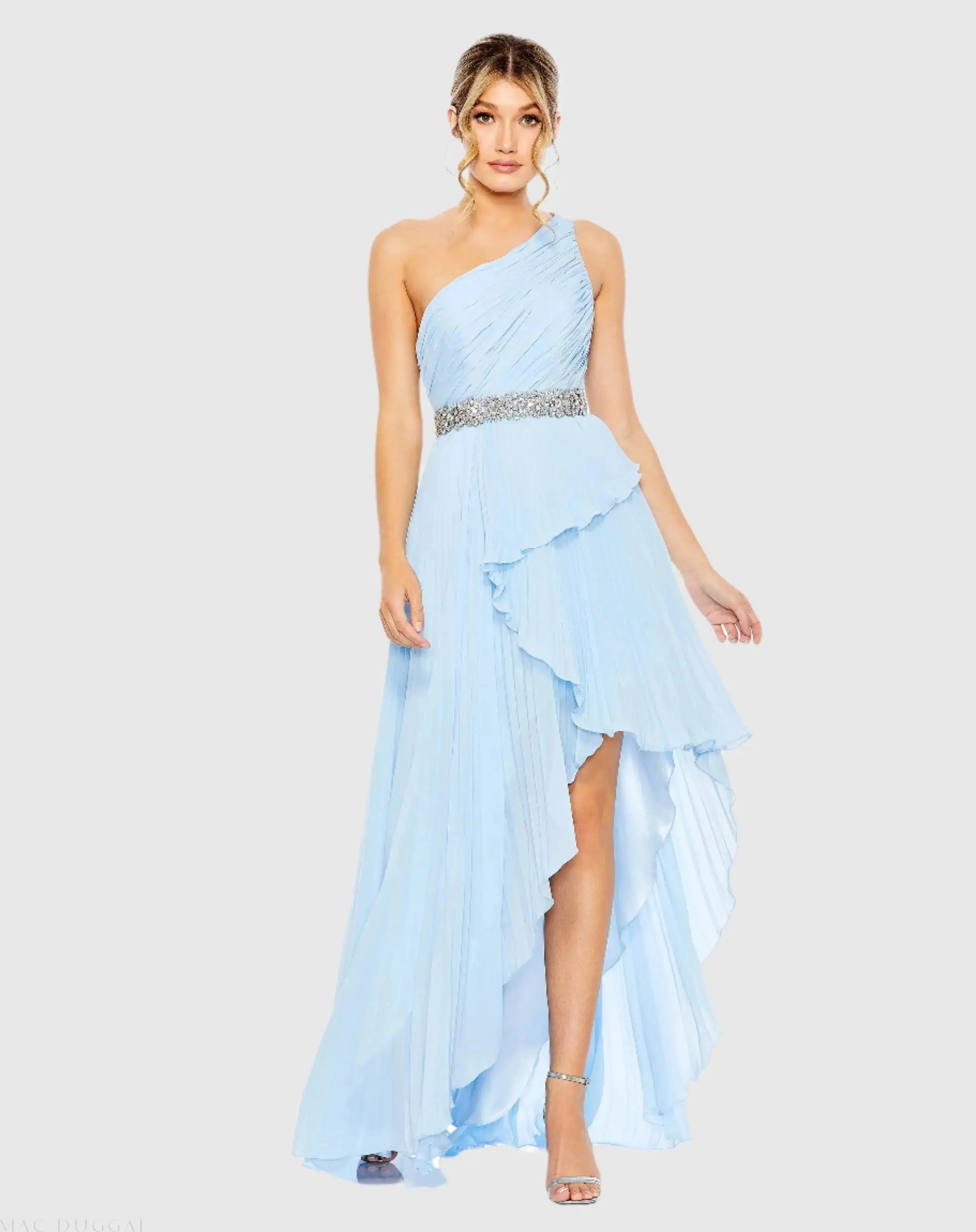 Blue Pleated One Shoulder Asymmetrical Ruffle Hem Gown - Mac Duggal