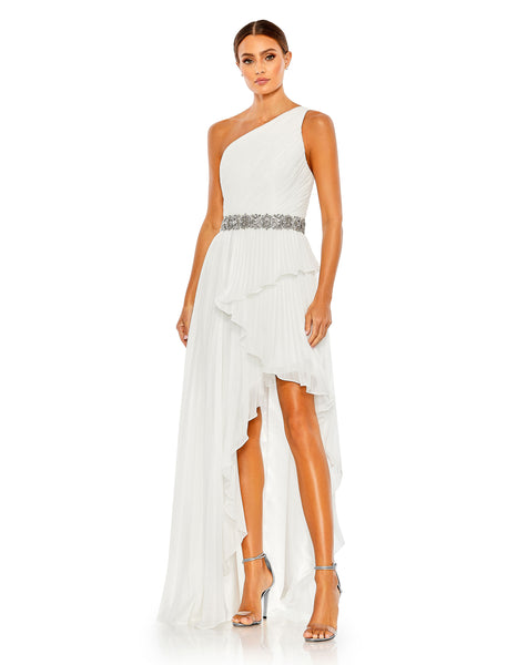 Pleated One Shoulder Asymmetrical Ruffle Hem Gown