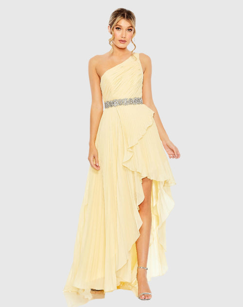 Yellow Pleated One Shoulder Asymmetrical Ruffle Hem Gown