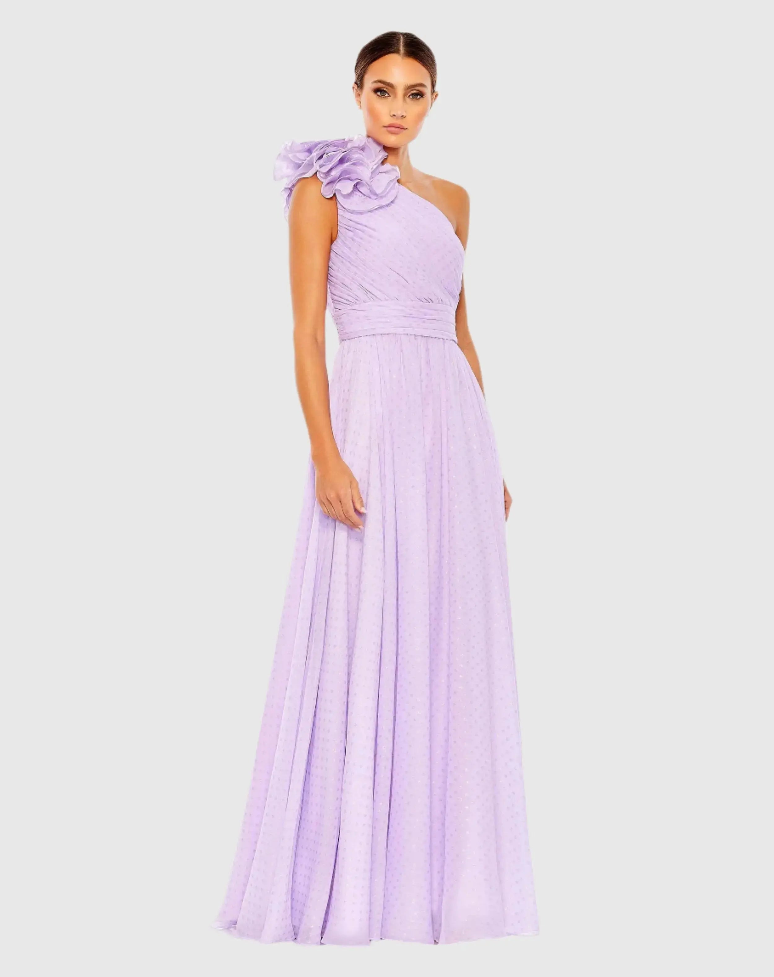Purple Polka Dot Ruffled One Shoulder Gown - Mac Duggal