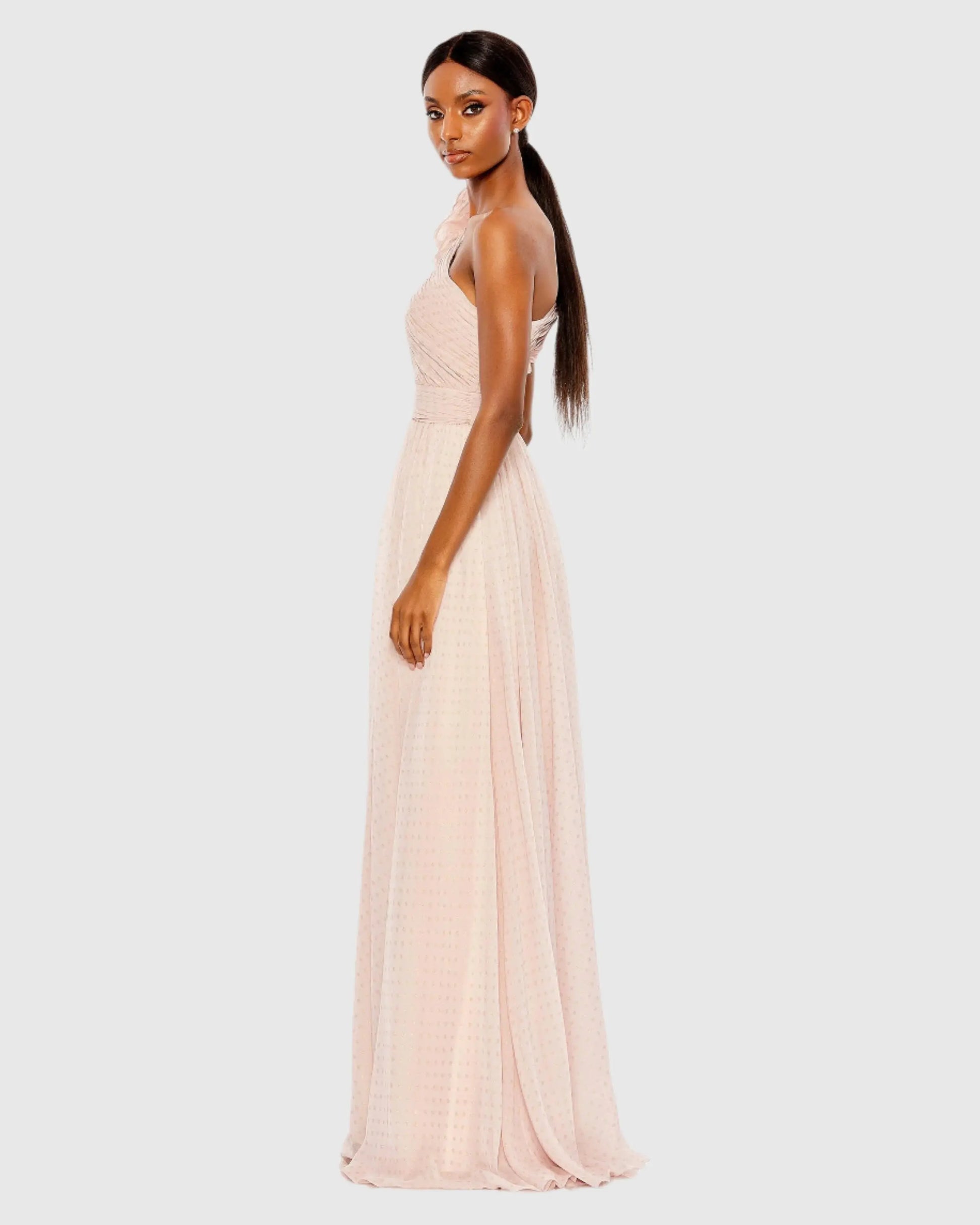 Pink One Shoulder Polka Dot Chiffon Gown With Ruffle Detail | Mac Duggal Pink One Shoulder Polka Dot Chiffon Gown With Ruffle Detail | Mac Duggal